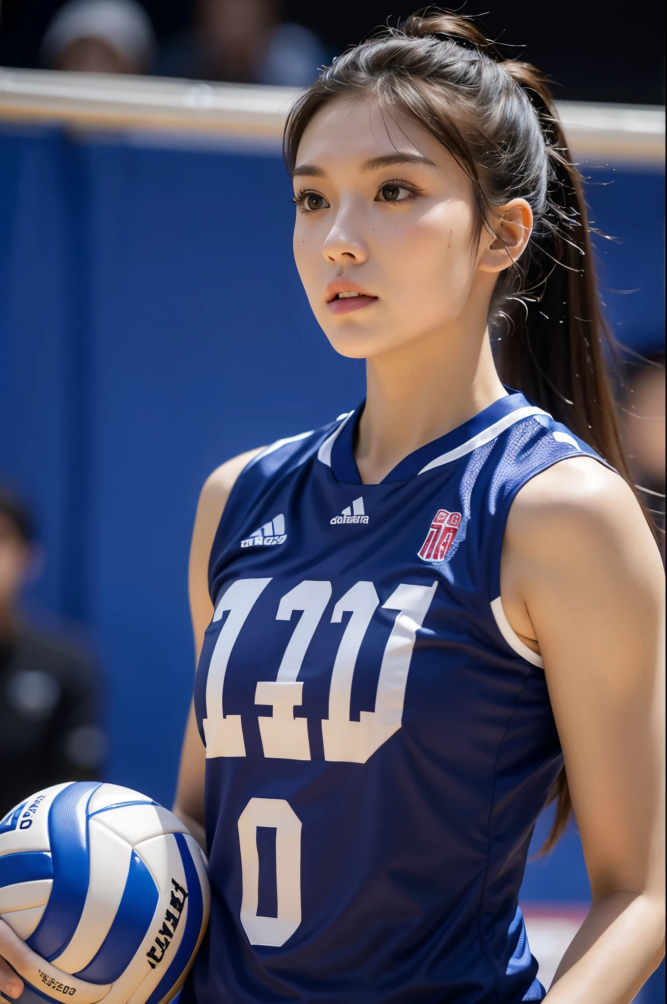 masterpiece, best quality, extremely detailed, hyperrealistic, photorealistic, a beautiful woman, volleyball player, volleyball venue, dynamic pose:1.2, ultra detailed face:1.1