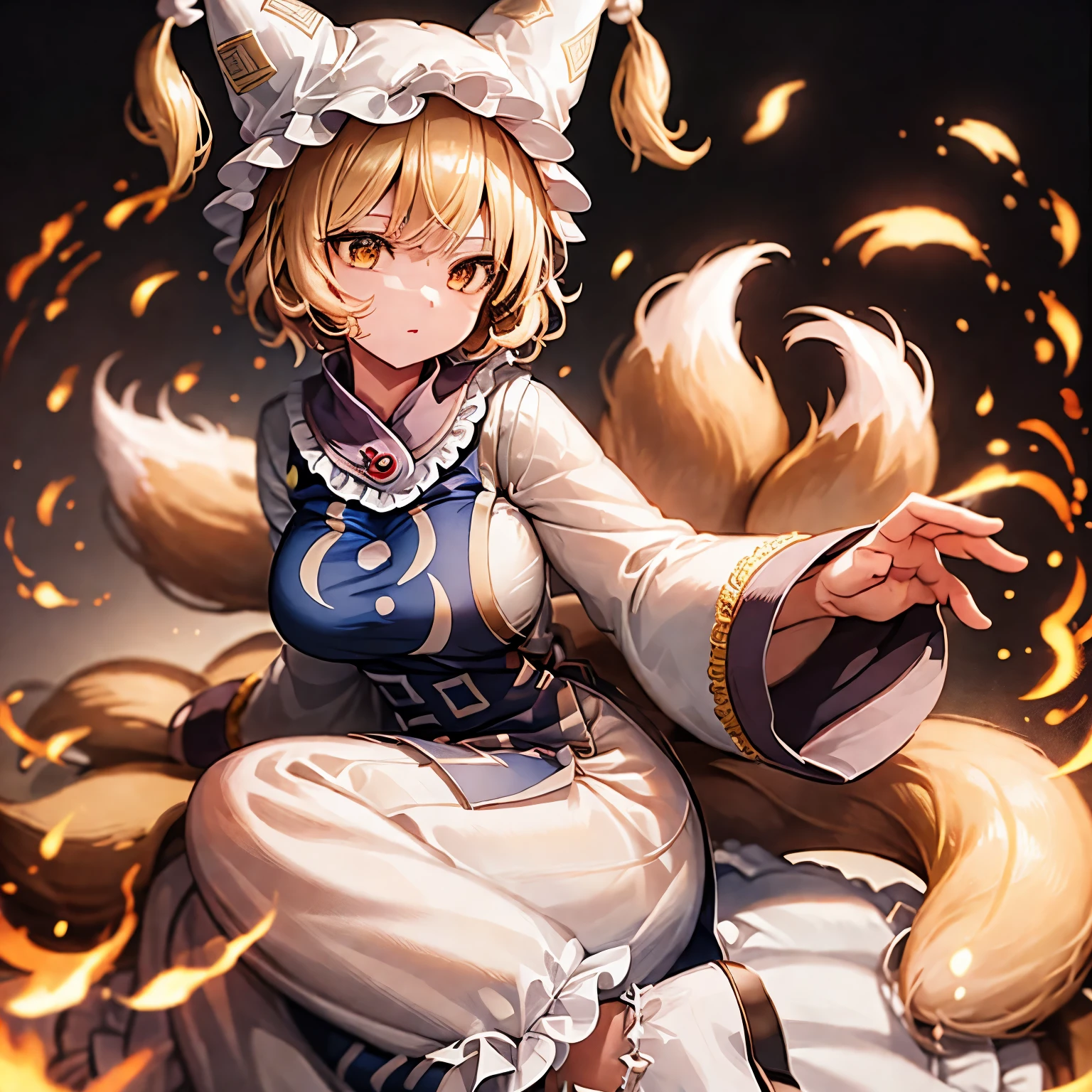 1girl, yakumo ran, hat, blonde hair, fox tail, tabard, short hair, yellow eyes, multiple tails, long sleeves, white dress, wide sleeves, bangs, frills, frilled shirt collar, frilled sleeves, large breasts,