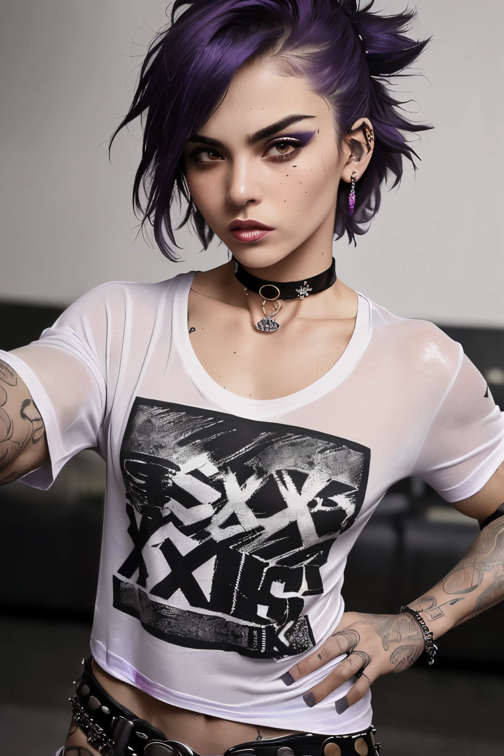 ((Mejor calidad)), ((Obra maestra)), (detallado),frontal portrait, cara perfecta, ((((SEXY)))), purple hair, beautiful angry late teen latin urban punk girl with tattoos taking a selfie, ((((dressed only with a very ripped oversized sexy man tee shirt and tiny stilished punk garments)))), ((big choker)), spike bracelet, (punk jewelry)