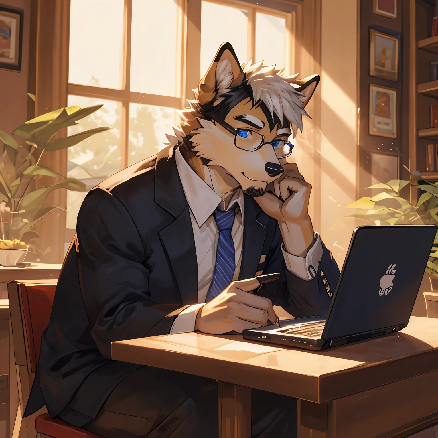 (best quality, realistic:1.37), yellow-furred Chinese rural dog anthropomorphic with glasses, University professor, sitting on a chair in a café at noon, hands resting on the table, looking directly into the camera with blue eyes, supporting the chin with the other hand, a laptop on the table, facing front, glasses blinking alternately, middle yellow in front and pure white hair in back, no black hair