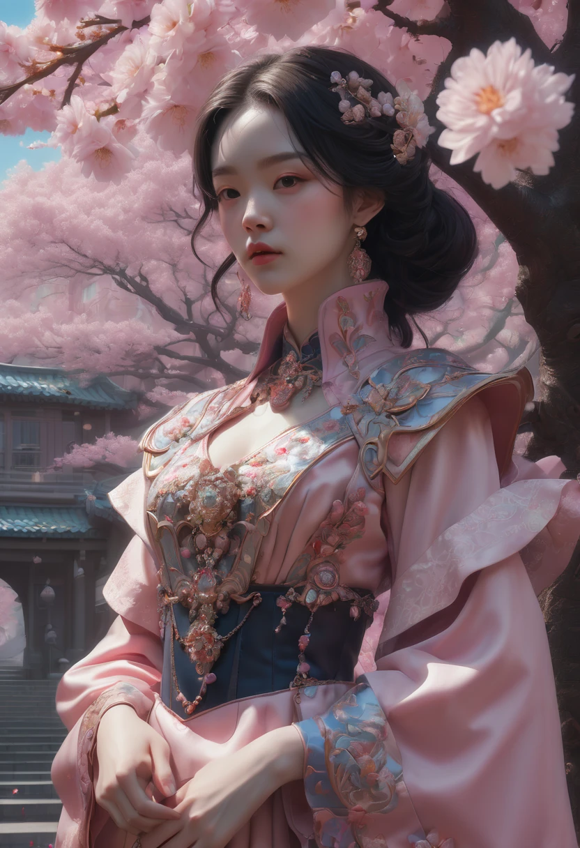 1girl, The Sakura Maiden, Treehouse built in a Cherry Blossom Tree, a very intricate and hyper-detailed oil painting by Daniel F Gerhartz, Clint Cearley, Eve Ventrue, volumetric lighting, gorgeous, swirling ornamentals, fluid acrylic, elegant gradients, photorealistic, a masterpiece, trending on Artstation, triadic colors, Epic cinematic brilliant stunning intricate meticulously detailed dramatic atmospheric maximalist digital matte painting, aesthetic