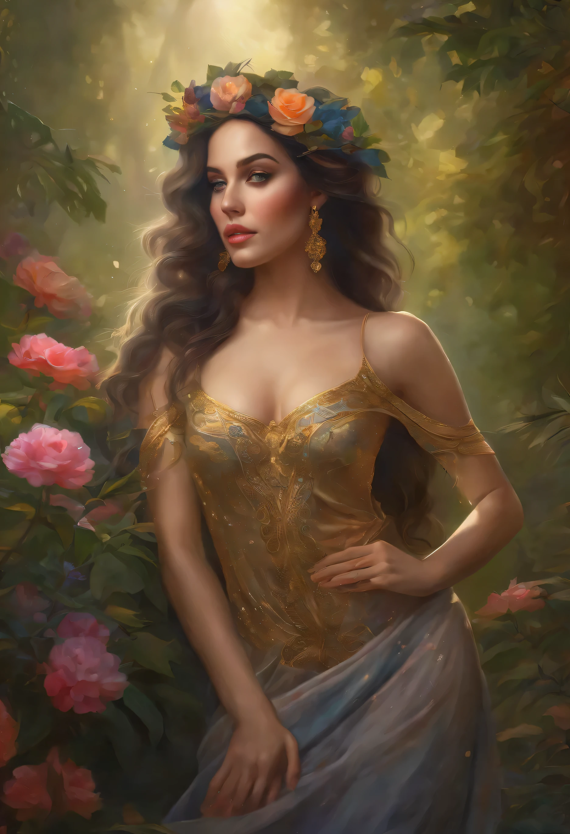 lisa frank art color, cuerpo completo, full body, senos grandes, nalgas grandes, mujer, multicolored long hair, multicolored aurora, art face by tom bagshaw, emile vernon style, fullbody dynamic movement pose, beautiful woman with long hair, gold jewellery, oil painting, fantasy, intricate, intricate stunning highly detailed girl by artgerm and edouard bisson, beautiful elegant, fantasy, flowers, forest, highly detailed, digital airbrush, photorealistic, octane render, black hair, black lips, gothic, rapunzel cabellos largos, cabellos largos dorados, cabellos largos color oro, pelo largo, digital painting, soft skin wide eyes watercolor, style, sketch, watercolor paiting, watercolor artist, portrait of a girl, vintage cartoon, ghibli, artgerm, wlop, alphonse mucha dynamic lighting hyperdetailed intricately detailed splash art trending on artstation triadic colors unreal engine 5 volumetric lighting, Transparent clothing, slight smile,, open legs, view of pubic hair, 1 sexy girl in transparent forest clothes,exposed breasts, open transparent t-shirt,mandala and flower tattoos, La mejor calidad,