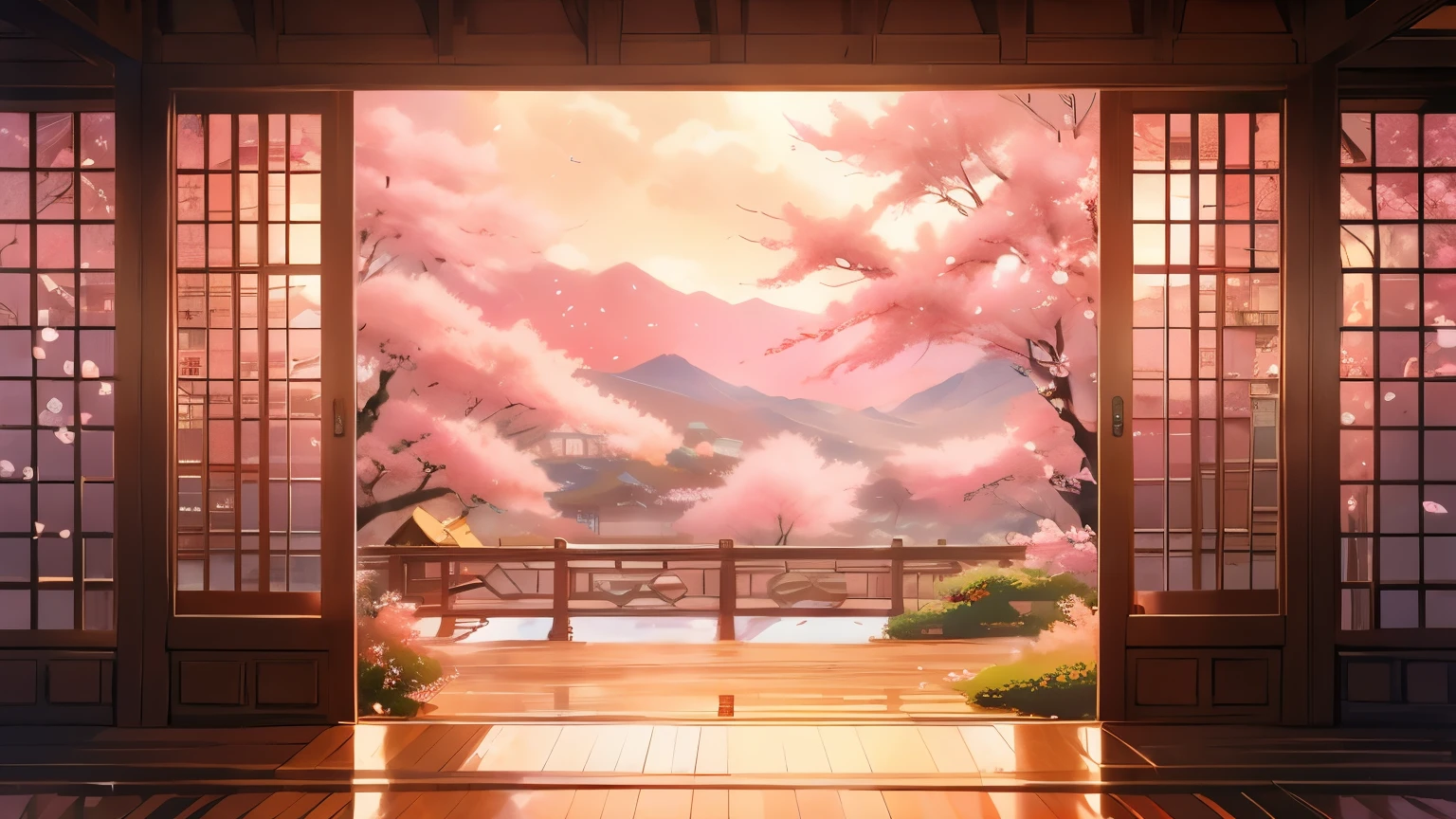 View of room with large windows and wooden floor, Los Tran. scenic background, anime background art, beautiful anime scene, Beautiful peace scene in anime, 🌺 cgsociety, beautiful anime scenery, anime scenery, landscape artwork, anime background, cherry blossom forest, anime scenery concept art, anime scenery, andreas rocha style, beautiful detailed scene, anime scenery wallpaper