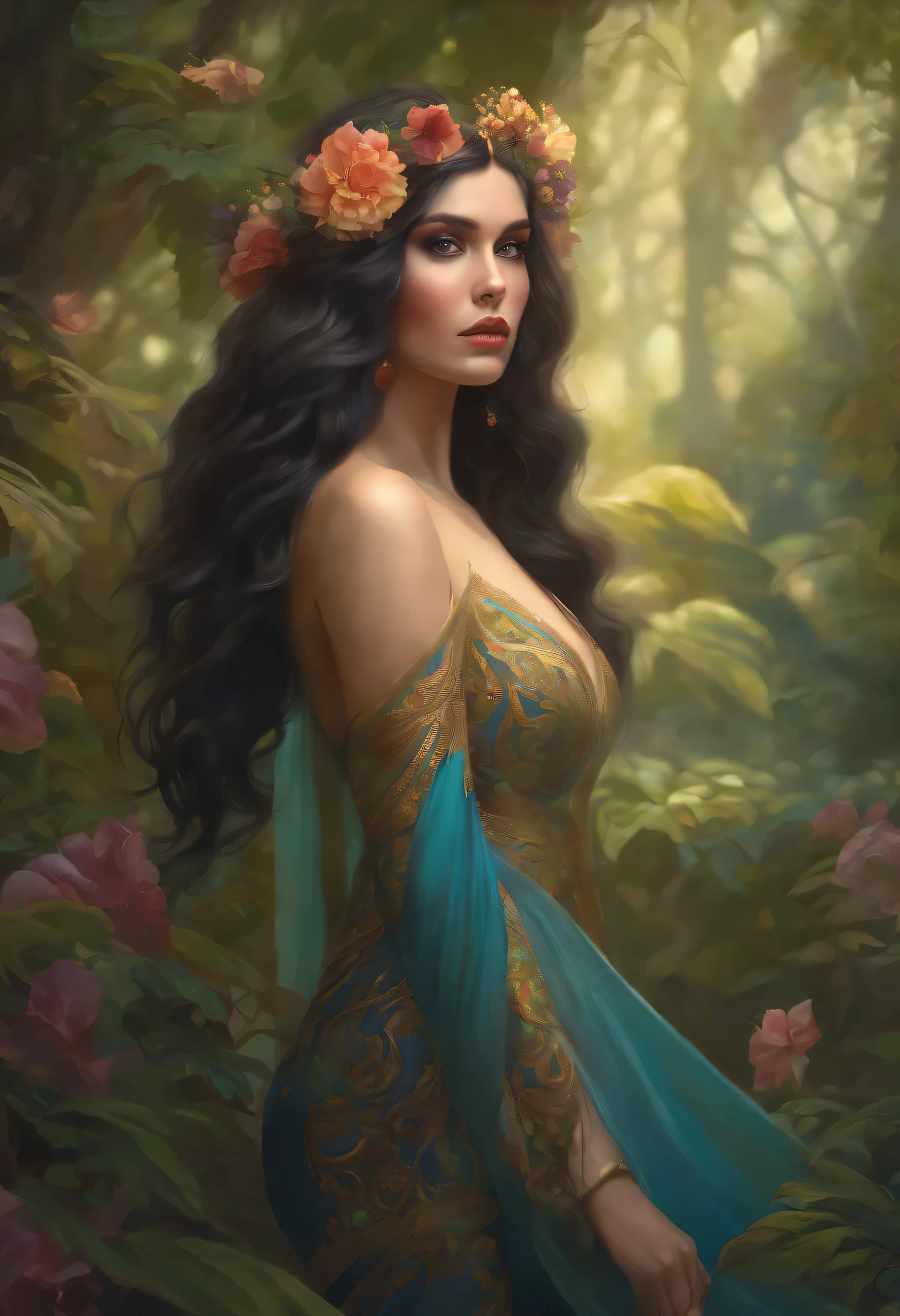 lisa frank art color, cuerpo completo, full body, senos grandes, nalgas grandes, mujer, multicolored long hair, multicolored aurora, art face by tom bagshaw, emile vernon style, fullbody dynamic movement pose, beautiful woman with long hair, gold jewellery, oil painting, fantasy, intricate, intricate stunning highly detailed girl by artgerm and edouard bisson, beautiful elegant, fantasy, flowers, forest, highly detailed, digital airbrush, photorealistic, octane render, black hair, black lips, gothic, rapunzel cabellos largos, cabellos largos dorados, cabellos largos color oro, pelo largo, digital painting, soft skin wide eyes watercolor, style, sketch, watercolor paiting, watercolor artist, portrait of a girl, vintage cartoon, ghibli, artgerm, wlop, alphonse mucha dynamic lighting hyperdetailed intricately detailed splash art trending on artstation triadic colors unreal engine 5 volumetric lighting, Transparent clothing, slight smile,, open legs, view of pubic hair, 1 sexy girl in transparent forest clothes,exposed breasts, open transparent t-shirt,mandala and flower tattoos, La mejor calidad,