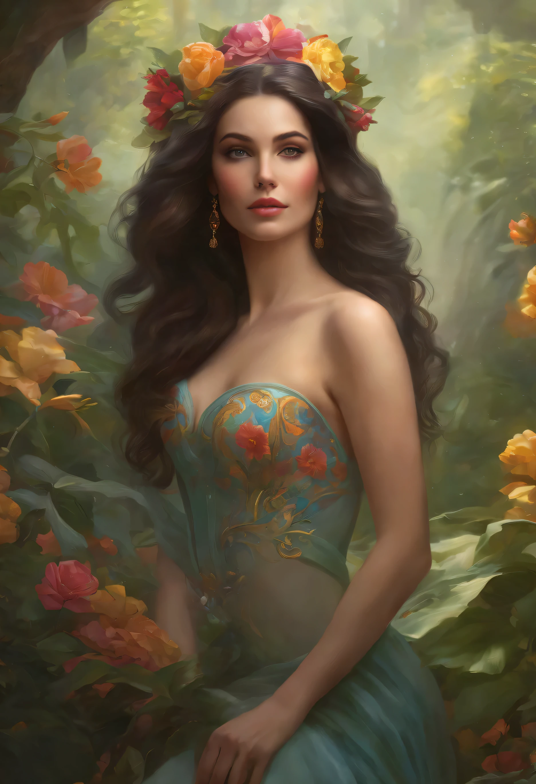 lisa frank art color, cuerpo completo, full body, senos grandes, nalgas grandes, mujer, multicolored long hair, multicolored aurora, art face by tom bagshaw, emile vernon style, fullbody dynamic movement pose, beautiful woman with long hair, gold jewellery, oil painting, fantasy, intricate, intricate stunning highly detailed girl by artgerm and edouard bisson, beautiful elegant, fantasy, flowers, forest, highly detailed, digital airbrush, photorealistic, octane render, black hair, black lips, gothic, rapunzel cabellos largos, cabellos largos dorados, cabellos largos color oro, pelo largo, digital painting, soft skin wide eyes watercolor, style, sketch, watercolor paiting, watercolor artist, portrait of a girl, vintage cartoon, ghibli, artgerm, wlop, alphonse mucha dynamic lighting hyperdetailed intricately detailed splash art trending on artstation triadic colors unreal engine 5 volumetric lighting, Transparent clothing, slight smile,, open legs, view of pubic hair, 1 sexy girl in transparent forest clothes,exposed breasts, open transparent t-shirt,mandala and flower tattoos, La mejor calidad,