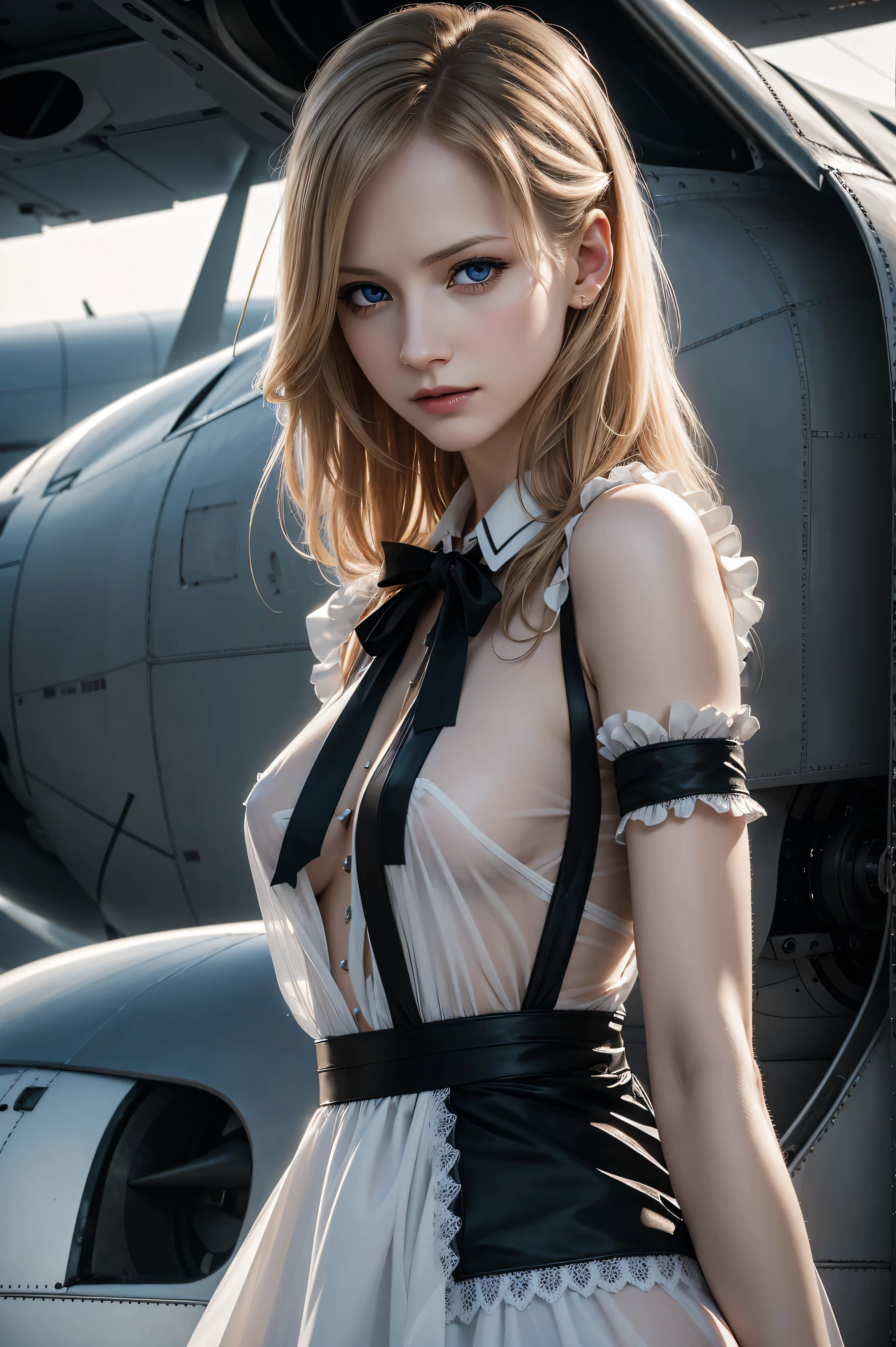 Beth Riesgraf, wearing french maid costume transparent. professionally retouched, soft lighting, realistic, smooth face, perfect eyes, sharp focus on eyes, 8 k, high definition, insanely detailed, intricate, elegant. stand in front of the plane.