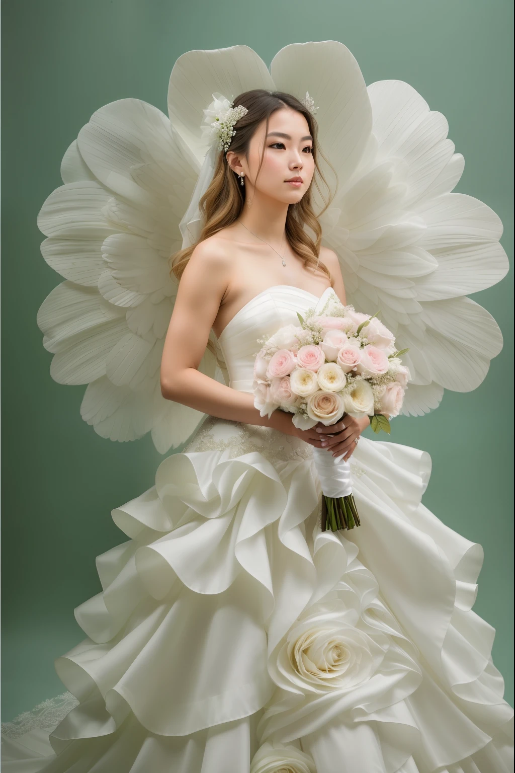 there is a woman in a wedding dress holding a bouquet, full - body majestic angel, inspired by Marie Angel, portrait of a beautiful angel, of beautiful angel, wearing angel halo, inspired by Kim Du-ryang, angelical, angel-themed, beautiful angel, wearing angel, an angel, angel in plastic armor, photo taken with nikon d750