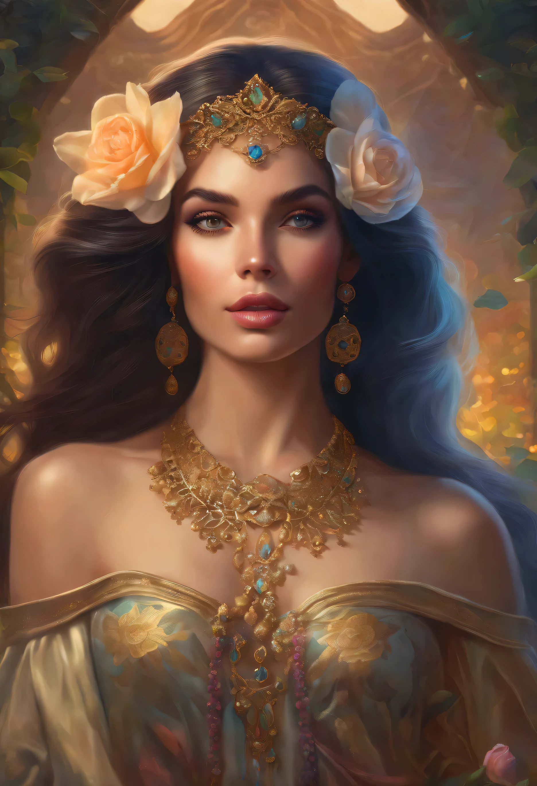 lisa frank art color, cuerpo completo, full body, senos grandes, nalgas grandes, mujer, multicolored long hair, multicolored aurora, art face by tom bagshaw, emile vernon style, fullbody dynamic movement pose, beautiful woman with long hair, gold jewellery, oil painting, fantasy, intricate, intricate stunning highly detailed girl by artgerm and edouard bisson, beautiful elegant, fantasy, flowers, forest, highly detailed, digital airbrush, photorealistic, octane render, black hair, black lips, gothic, rapunzel cabellos largos, cabellos largos dorados, cabellos largos color oro, pelo largo, digital painting, soft skin wide eyes watercolor, style, sketch, watercolor paiting, watercolor artist, portrait of a girl, vintage cartoon, ghibli, artgerm, wlop, alphonse mucha dynamic lighting hyperdetailed intricately detailed splash art trending on artstation triadic colors unreal engine 5 volumetric lighting, Transparent clothing, slight smile,, open legs, view of pubic hair, 1 sexy girl in transparent forest clothes,exposed breasts, open transparent t-shirt,mandala and flower tattoos, La mejor calidad,