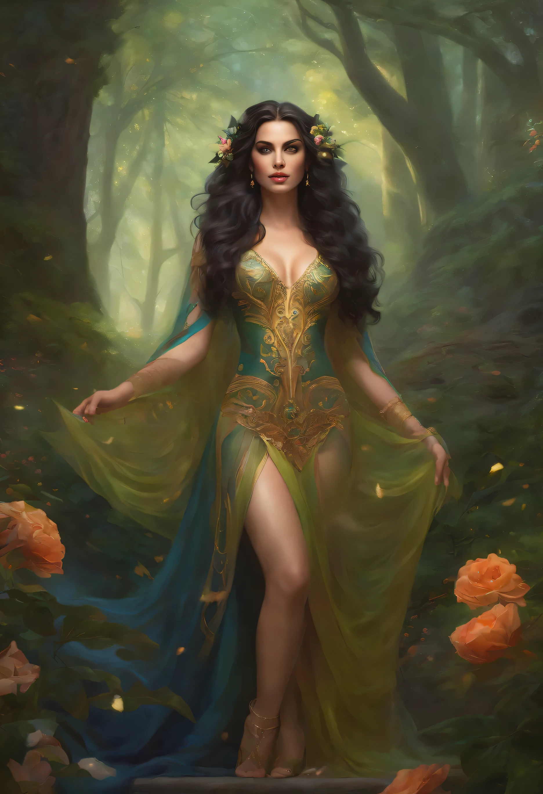 lisa frank art color, cuerpo completo, full body, senos grandes, nalgas grandes, mujer, multicolored long hair, multicolored aurora, art face by tom bagshaw, emile vernon style, fullbody dynamic movement pose, beautiful woman with long hair, gold jewellery, oil painting, fantasy, intricate, intricate stunning highly detailed girl by artgerm and edouard bisson, beautiful elegant, fantasy, flowers, forest, highly detailed, digital airbrush, photorealistic, octane render, black hair, black lips, gothic, rapunzel cabellos largos, cabellos largos dorados, cabellos largos color oro, pelo largo, digital painting, soft skin wide eyes watercolor, style, sketch, watercolor paiting, watercolor artist, portrait of a girl, vintage cartoon, ghibli, artgerm, wlop, alphonse mucha dynamic lighting hyperdetailed intricately detailed splash art trending on artstation triadic colors unreal engine 5 volumetric lighting, Transparent clothing, slight smile,, open legs, view of pubic hair, 1 sexy girl in transparent forest clothes,exposed breasts, open transparent t-shirt,mandala and flower tattoos, La mejor calidad,