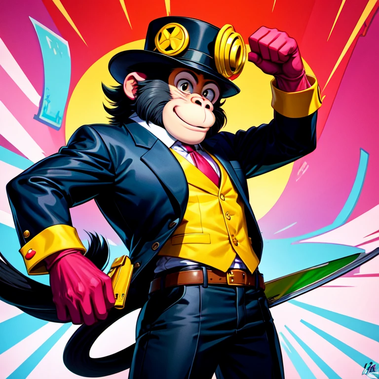 cartoon monkey with a hat and a tie on, bored ape nft, “portrait of a cartoon animal, monkey dressed as a scientist, humanoid monkey fantasy race, monkey, subject= chimp, in style of monkeybone, in style of digital illustration, baboon wearing a suit and tie, cartoon artstyle, anthro, cartoon art style