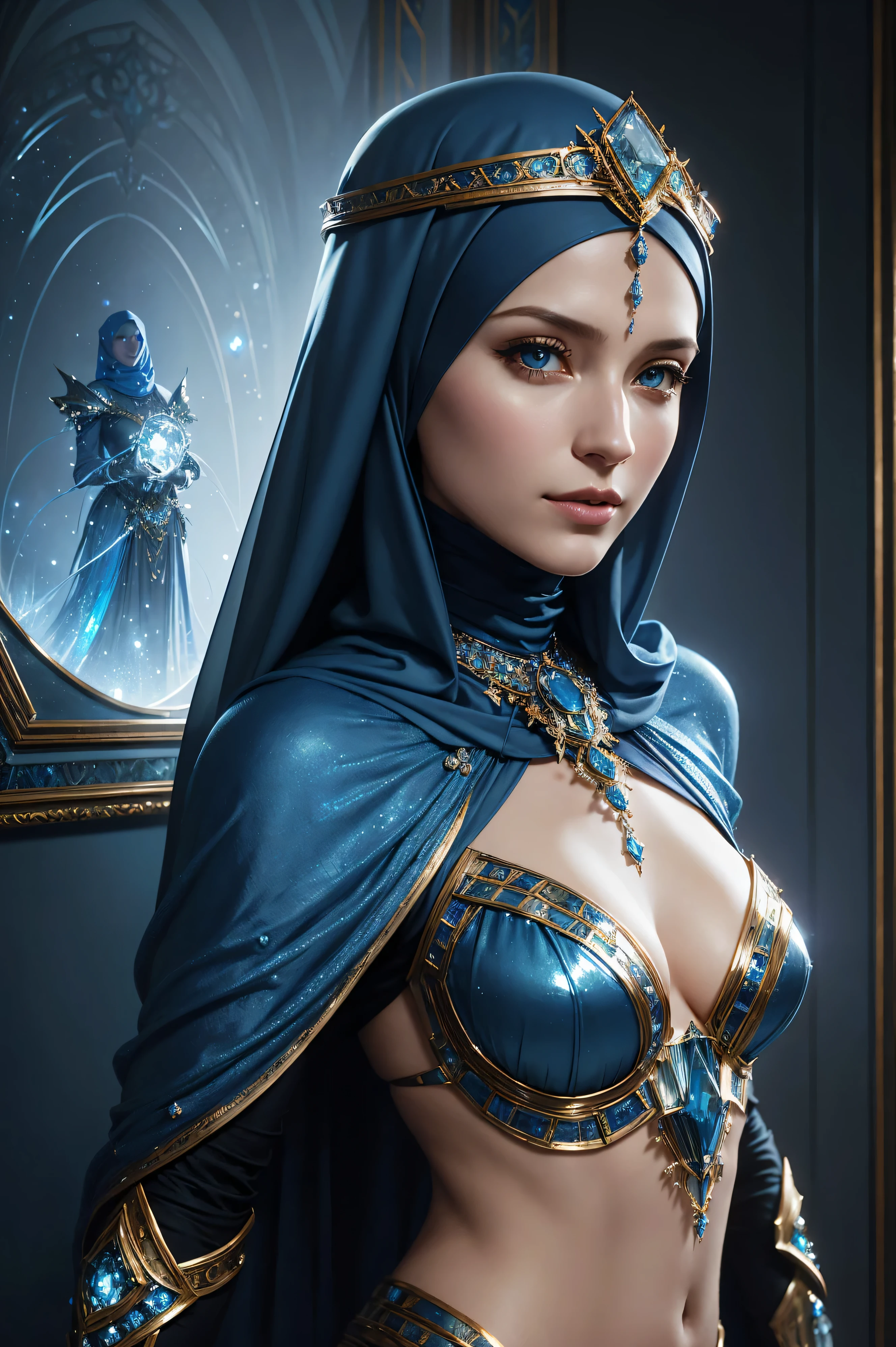 A seksi beautiful Beth Riesgraf wearing a hijab made of blue with jewelry and diamonds as room in rome profile picture by greg rutkowski, dynamic pose, intricate, futuristic, fantasy, elegant, by stanley artgerm lau, greg rutkowski, thomas kindkade, alphonse mucha, loish, norman rockwell