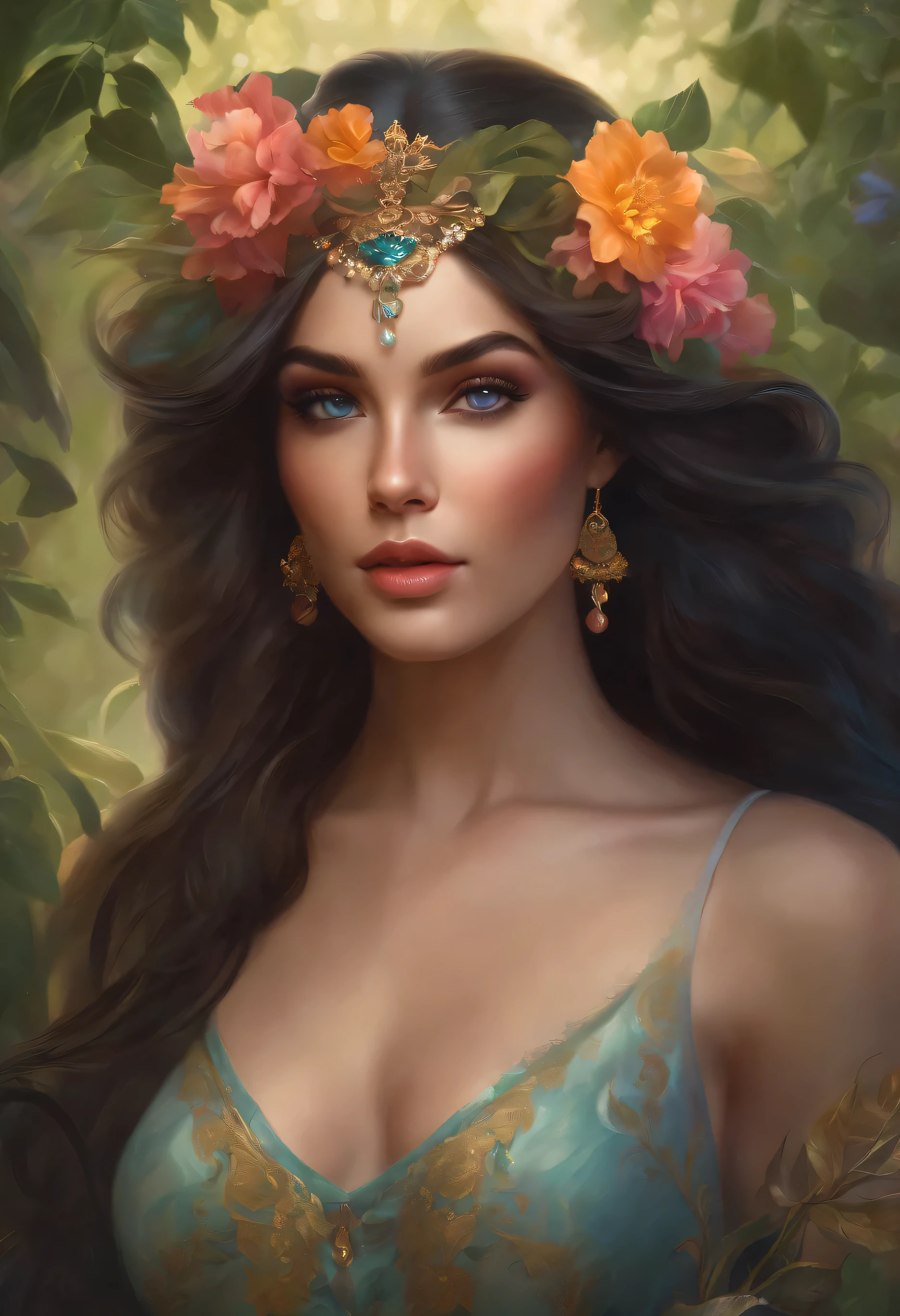 lisa frank art color, cuerpo completo, full body, senos grandes, nalgas grandes, mujer, multicolored long hair, multicolored aurora, art face by tom bagshaw, emile vernon style, fullbody dynamic movement pose, beautiful woman with long hair, gold jewellery, oil painting, fantasy, intricate, intricate stunning highly detailed girl by artgerm and edouard bisson, beautiful elegant, fantasy, flowers, forest, highly detailed, digital airbrush, photorealistic, octane render, black hair, black lips, gothic, rapunzel cabellos largos, cabellos largos dorados, cabellos largos color oro, pelo largo, digital painting, soft skin wide eyes watercolor, style, sketch, watercolor paiting, watercolor artist, portrait of a girl, vintage cartoon, ghibli, artgerm, wlop, alphonse mucha dynamic lighting hyperdetailed intricately detailed splash art trending on artstation triadic colors unreal engine 5 volumetric lighting, Transparent clothing, slight smile,, open legs, view of pubic hair, 1 sexy girl in transparent forest clothes,exposed breasts, open transparent t-shirt,mandala and flower tattoos, La mejor calidad,