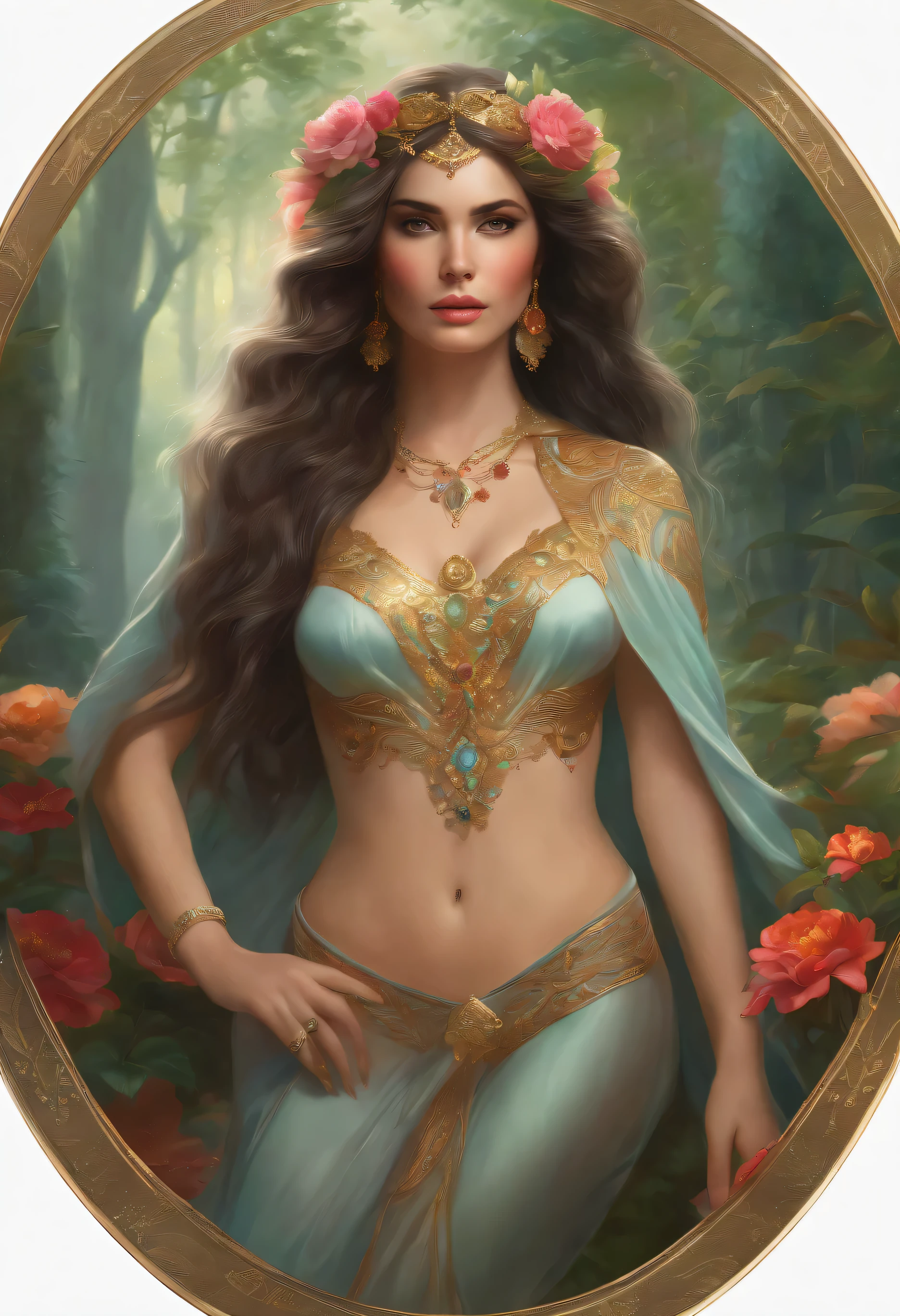 lisa frank art color, cuerpo completo, full body, senos grandes, nalgas grandes, mujer, multicolored long hair, multicolored aurora, art face by tom bagshaw, emile vernon style, fullbody dynamic movement pose, beautiful woman with long hair, gold jewellery, oil painting, fantasy, intricate, intricate stunning highly detailed girl by artgerm and edouard bisson, beautiful elegant, fantasy, flowers, forest, highly detailed, digital airbrush, photorealistic, octane render, black hair, black lips, gothic, rapunzel cabellos largos, cabellos largos dorados, cabellos largos color oro, pelo largo, digital painting, soft skin wide eyes watercolor, style, sketch, watercolor paiting, watercolor artist, portrait of a girl, vintage cartoon, ghibli, artgerm, wlop, alphonse mucha dynamic lighting hyperdetailed intricately detailed splash art trending on artstation triadic colors unreal engine 5 volumetric lighting, Transparent clothing, slight smile,, open legs, view of pubic hair, 1 sexy girl in transparent forest clothes,exposed breasts, open transparent t-shirt,mandala and flower tattoos, La mejor calidad,