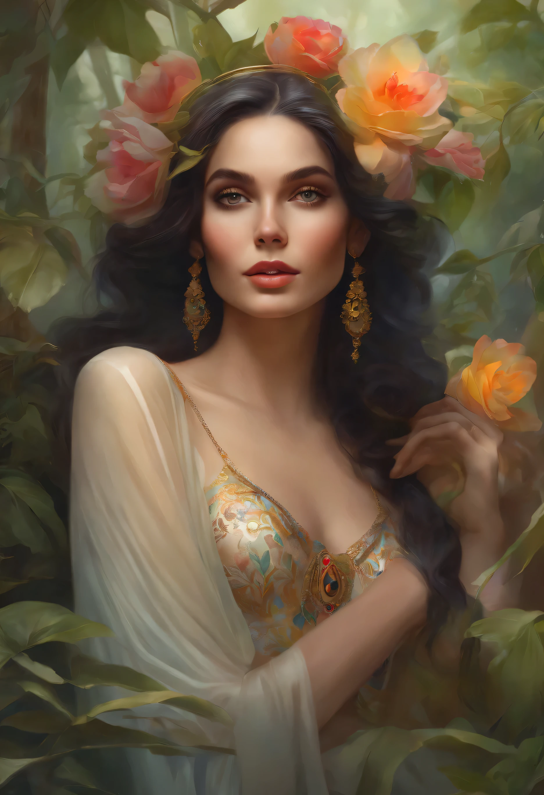lisa frank art color, cuerpo completo, full body, senos grandes, nalgas grandes, mujer, multicolored long hair, multicolored aurora, art face by tom bagshaw, emile vernon style, fullbody dynamic movement pose, beautiful woman with long hair, gold jewellery, oil painting, fantasy, intricate, intricate stunning highly detailed girl by artgerm and edouard bisson, beautiful elegant, fantasy, flowers, forest, highly detailed, digital airbrush, photorealistic, octane render, black hair, black lips, gothic, rapunzel cabellos largos, cabellos largos dorados, cabellos largos color oro, pelo largo, digital painting, soft skin wide eyes watercolor, style, sketch, watercolor paiting, watercolor artist, portrait of a girl, vintage cartoon, ghibli, artgerm, wlop, alphonse mucha dynamic lighting hyperdetailed intricately detailed splash art trending on artstation triadic colors unreal engine 5 volumetric lighting, Transparent clothing, slight smile,, open legs, view of pubic hair, 1 sexy girl in transparent forest clothes,exposed breasts, open transparent t-shirt,mandala and flower tattoos, La mejor calidad,