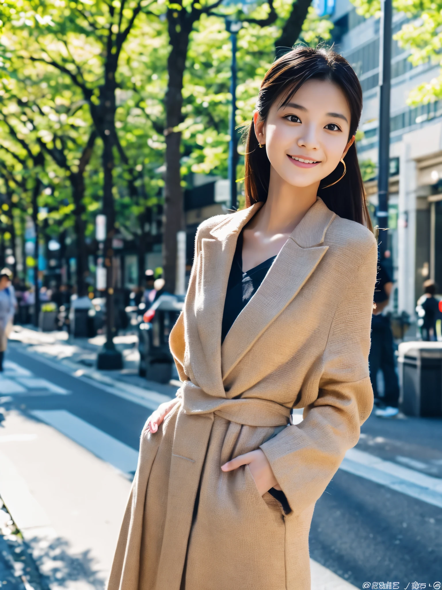 Photoreal, 8K full-length portrait, Beautiful woman, attractive look, Clear system, 18-year-old, Tokyo, 2024, spring, Shibuya in the background