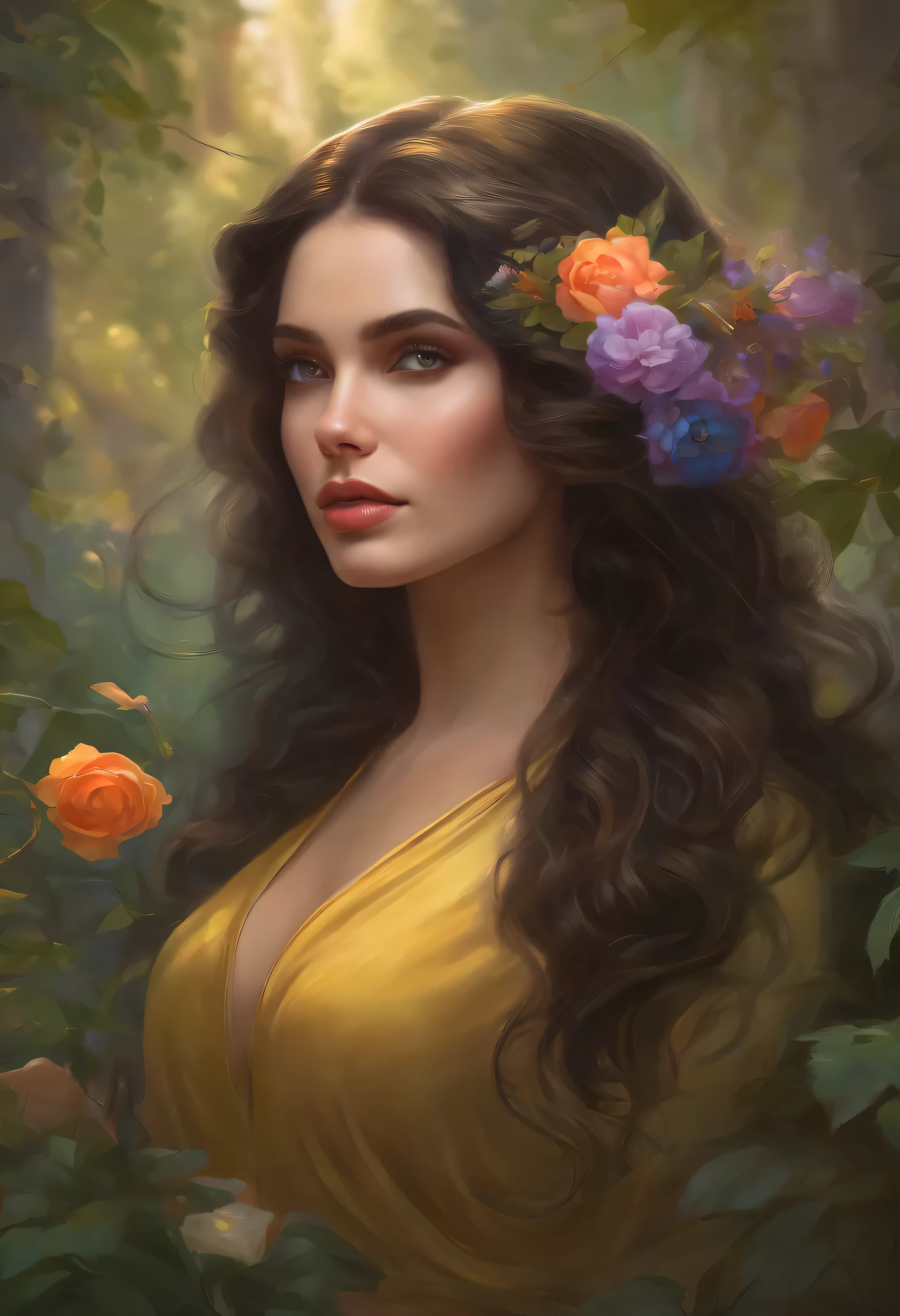 lisa frank art color, cuerpo completo, full body, senos grandes, nalgas grandes, mujer, multicolored long hair, multicolored aurora, art face by tom bagshaw, emile vernon style, fullbody dynamic movement pose, beautiful woman with long hair, gold jewellery, oil painting, fantasy, intricate, intricate stunning highly detailed girl by artgerm and edouard bisson, beautiful elegant, fantasy, flowers, forest, highly detailed, digital airbrush, photorealistic, octane render, black hair, black lips, gothic, rapunzel cabellos largos, cabellos largos dorados, cabellos largos color oro, pelo largo, digital painting, soft skin wide eyes watercolor, style, sketch, watercolor paiting, watercolor artist, portrait of a girl, vintage cartoon, ghibli, artgerm, wlop, alphonse mucha dynamic lighting hyperdetailed intricately detailed splash art trending on artstation triadic colors unreal engine 5 volumetric lighting, Transparent clothing, slight smile,, open legs, view of pubic hair, 1 sexy girl in transparent forest clothes,exposed breasts, open transparent t-shirt,mandala and flower tattoos, La mejor calidad,