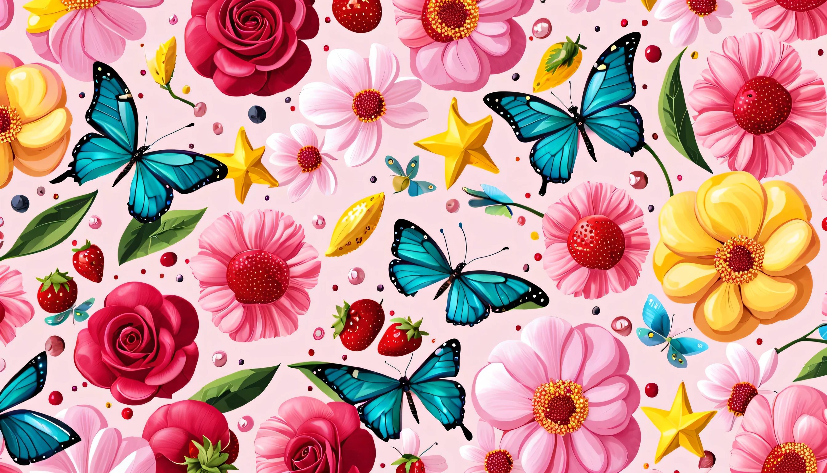 Seas of freshness with the Ocean SAKURA FLOWER — ocean breeze, sun-bleached driftwood, and a touch of salty sea air. colorful pearls, jewels, ((butterfly)), ((yellow small stars)), (strawberry), PINK rose,  || (embroidery) seamless pattern, fruit, butterfly, Best quality, masterpiece, ultra high res, (photo realistic:1.4), surrealism, dream-like, ((abstract art)), vector arts, ((SAKURA FLOWER)) a close up of a floral pattern on PINK background, floral wallpaper, ornate floral, floral pattern, floral explosion, floral! intricate, floral flowers colorful, chinoiserie pattern, flowery wallpaper, floral renewal, with colorful flowers and plants, floral dream, garden flowers pattern, floral patterned skin, floral design, floral motives, boho floral vines IN (((PINK BACKGROUND))