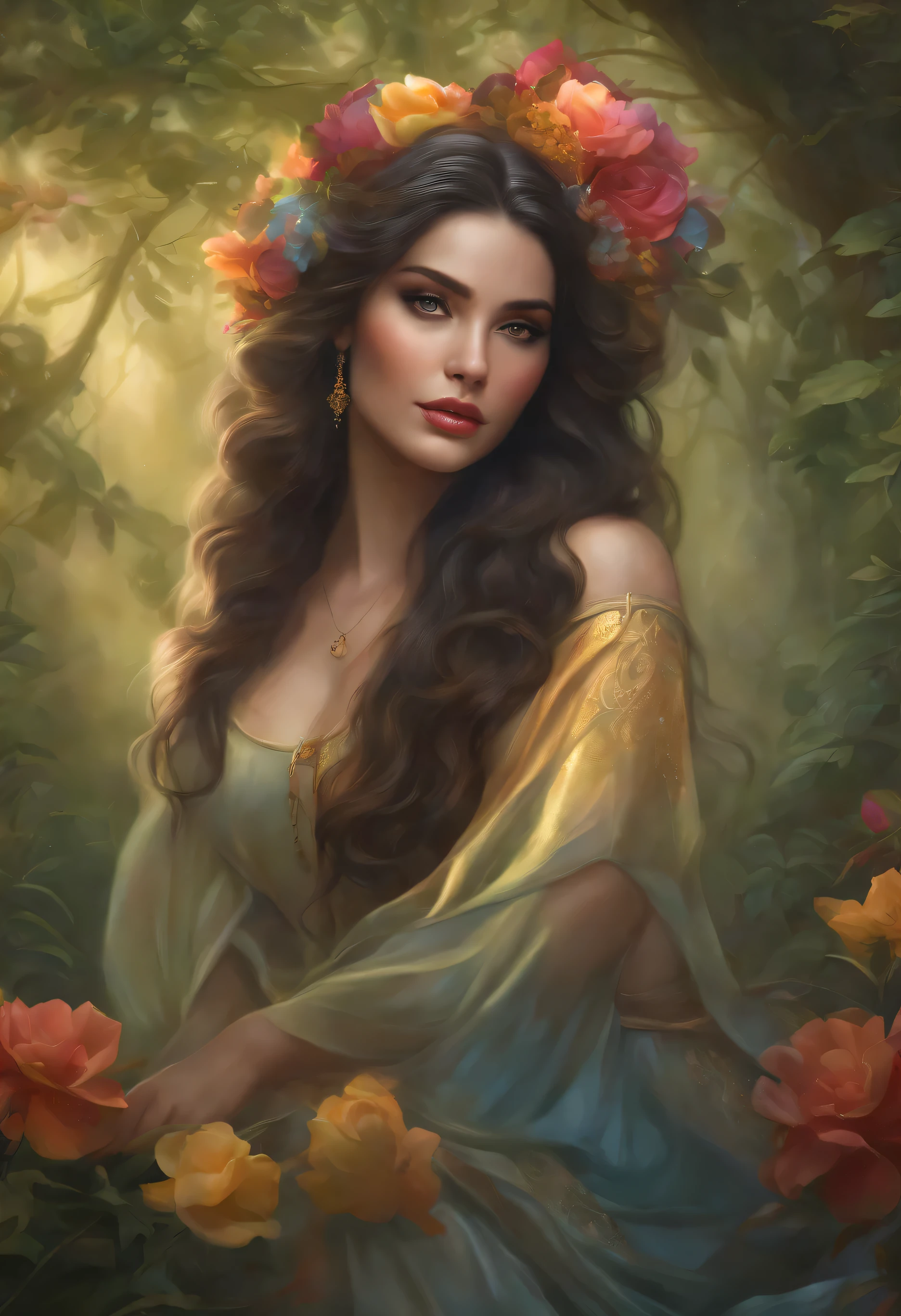 lisa frank art color, cuerpo completo, full body, senos grandes, nalgas grandes, mujer, multicolored long hair, multicolored aurora, art face by tom bagshaw, emile vernon style, fullbody dynamic movement pose, beautiful woman with long hair, gold jewellery, oil painting, fantasy, intricate, intricate stunning highly detailed girl by artgerm and edouard bisson, beautiful elegant, fantasy, flowers, forest, highly detailed, digital airbrush, photorealistic, octane render, black hair, black lips, gothic, rapunzel cabellos largos, cabellos largos dorados, cabellos largos color oro, pelo largo, digital painting, soft skin wide eyes watercolor, style, sketch, watercolor paiting, watercolor artist, portrait of a girl, vintage cartoon, ghibli, artgerm, wlop, alphonse mucha dynamic lighting hyperdetailed intricately detailed splash art trending on artstation triadic colors unreal engine 5 volumetric lighting, Transparent clothing, slight smile,, open legs, view of pubic hair, 1 sexy girl in transparent forest clothes,exposed breasts, open transparent t-shirt,mandala and flower tattoos, La mejor calidad,