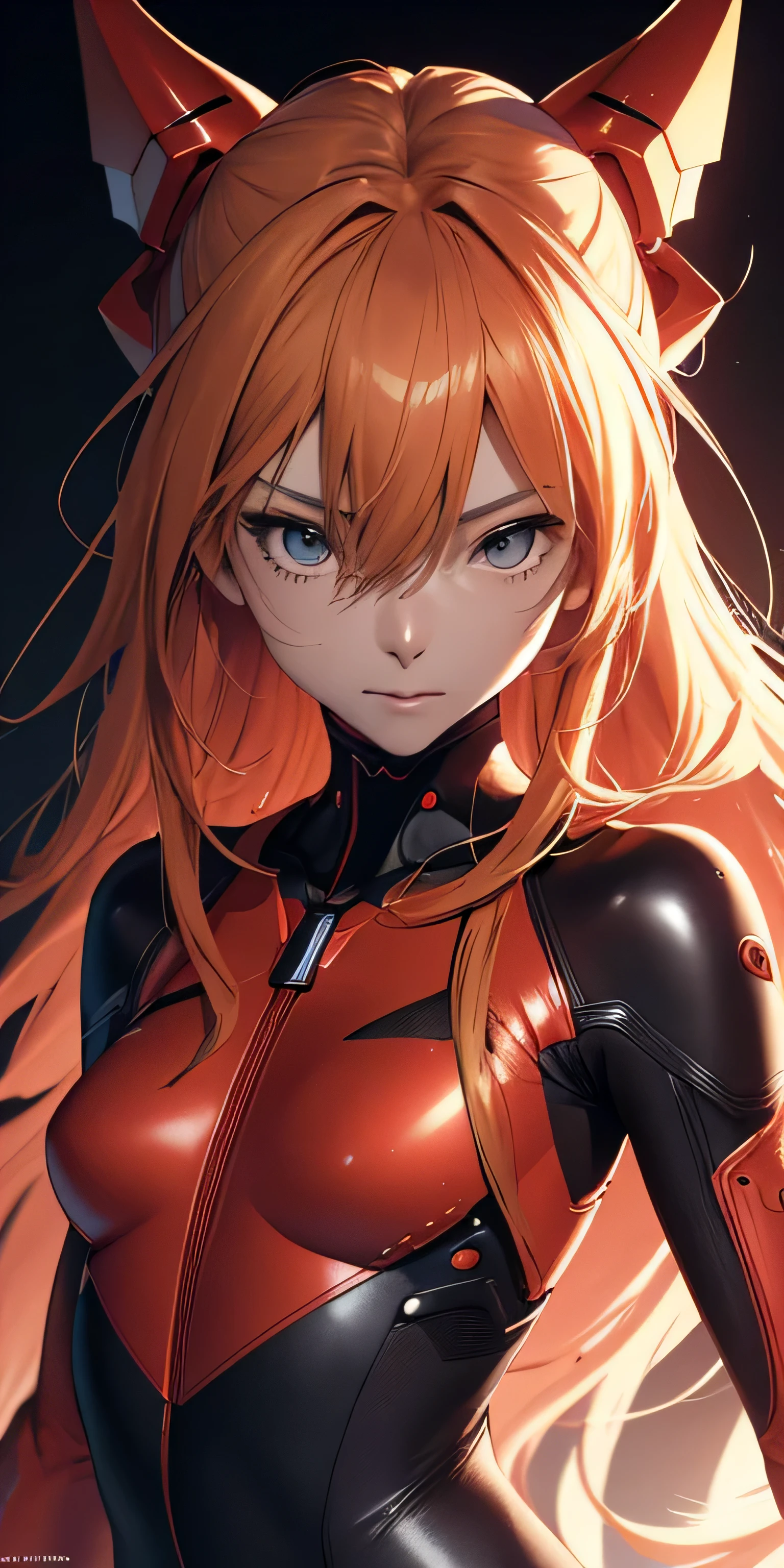 official art, Unity 8K wallpaper, ultra detailed, beautiful and aesthetic, masterpiece, best quality, realistic, Full body Shot, skindentation, souryuu asuka langley, headset interface, bodysuit under clothes, detailed eyes, detailed face, detailed hair, black background, straight-on, looking at the viewer, shiny
