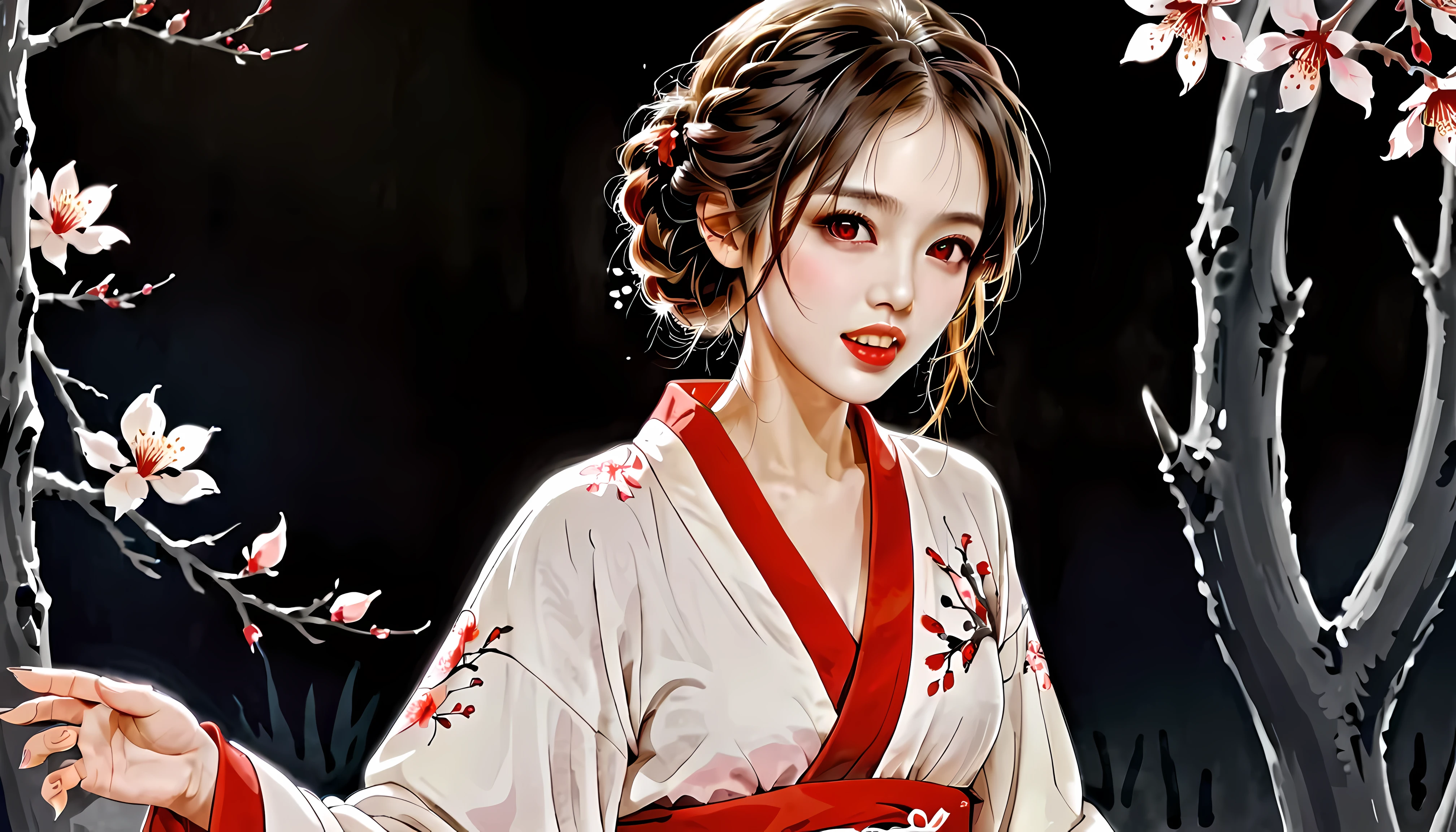 ((vampire_fangs:1.5), ((vampire teeth)), ((vampire skin):1.1), Outline with black ink, smooth lines, Express expressions and postures through ink contrast, The background is Sakura tree park at night, (red blood Sakura flowers), (very dark night), emphasize light, shadow and space. Drawing of Pretty Japanese Vampire. Black hair, (braided hairstyle), ((vampire laugh):1.5), ((red eye):1.2), golden ratio face, perfect face, wearing vampire kimono dress, fine art piece, figurative art, Dress neatly. sexy painting, Wallop | (best quality, 4K, 8k, high resolution,masterpiece:1.2) ,(actual, photoactual, photo-actual:1.37), (intricate detail:1.4), (extremely insane detail:1.4), (highest quality:1.3), (photorealistic:1.9), | ((perfect_pose)), perfect_fingers, perfect_legs, perfect_hands, More Detail.