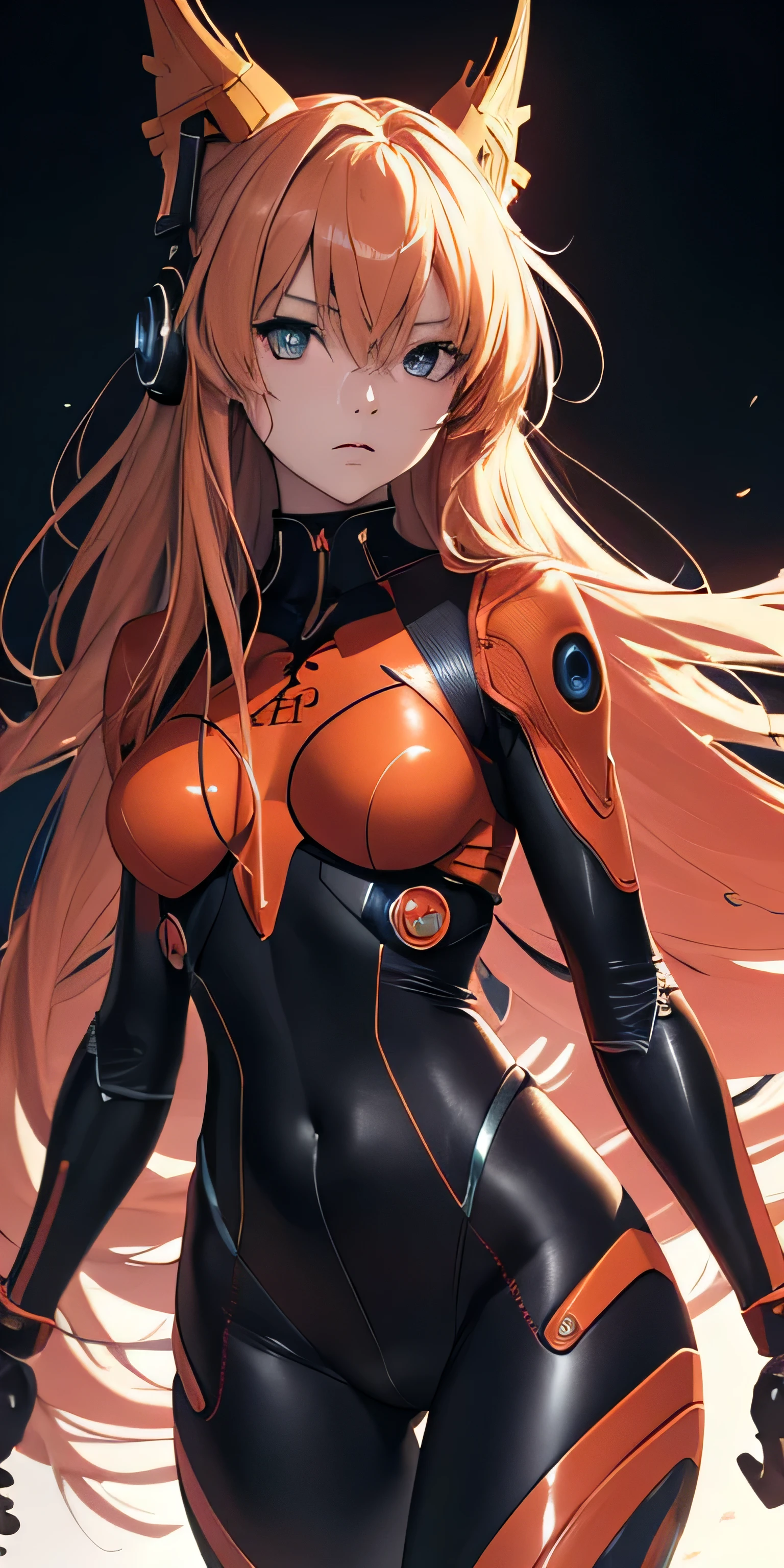 official art, Unity 8K wallpaper, ultra detailed, beautiful and aesthetic, masterpiece, best quality, realistic, Full body Shot, skindentation, souryuu asuka langley, headset interface, bodysuit under clothes, detailed eyes, detailed face, detailed hair, black background, straight-on, looking at the viewer, shiny