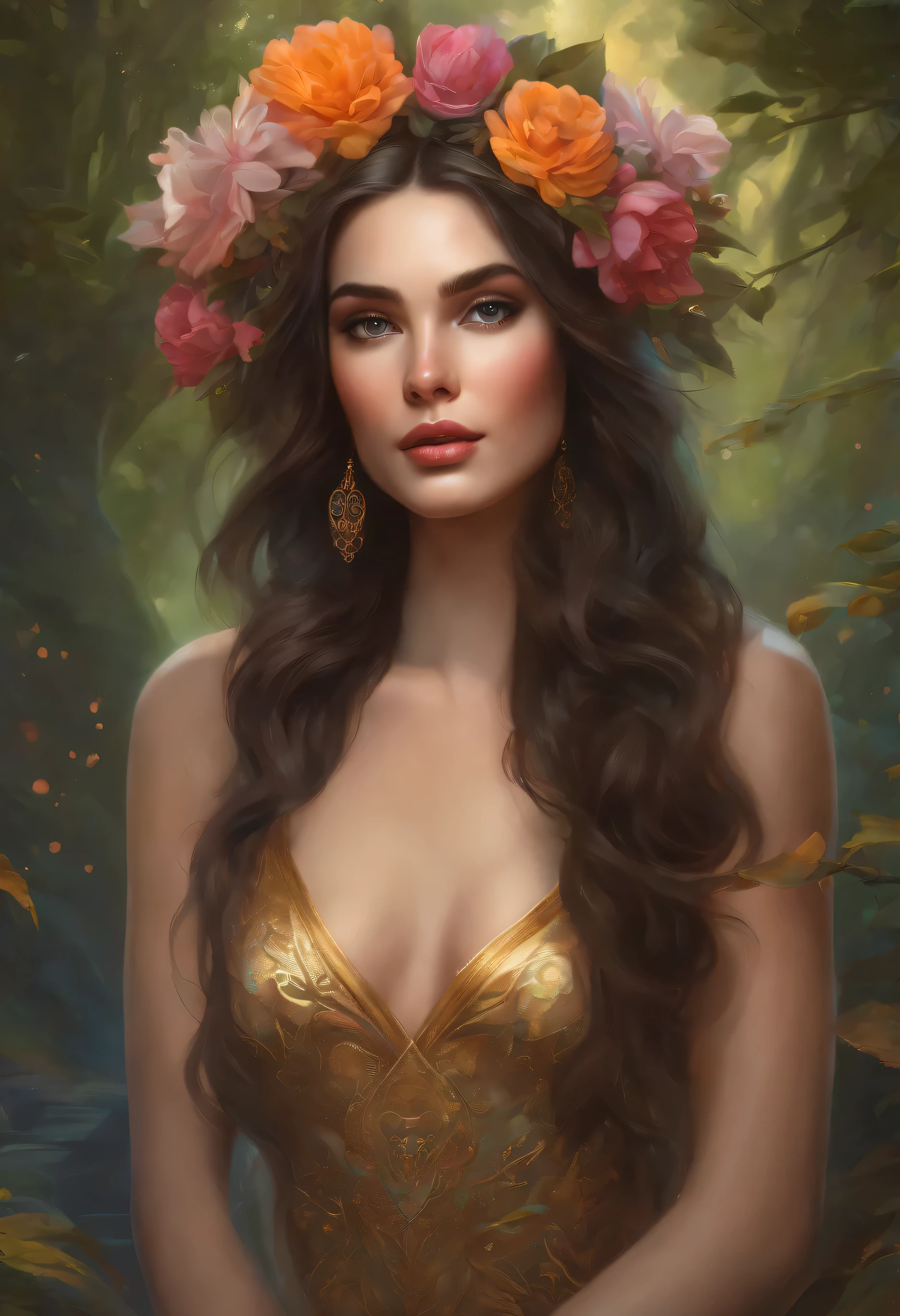 lisa frank art color, cuerpo completo, full body, senos grandes, nalgas grandes, mujer, multicolored long hair, multicolored aurora, art face by tom bagshaw, emile vernon style, fullbody dynamic movement pose, beautiful woman with long hair, gold jewellery, oil painting, fantasy, intricate, intricate stunning highly detailed girl by artgerm and edouard bisson, beautiful elegant, fantasy, flowers, forest, highly detailed, digital airbrush, photorealistic, octane render, black hair, black lips, gothic, rapunzel cabellos largos, cabellos largos dorados, cabellos largos color oro, pelo largo, digital painting, soft skin wide eyes watercolor, style, sketch, watercolor paiting, watercolor artist, portrait of a girl, vintage cartoon, ghibli, artgerm, wlop, alphonse mucha dynamic lighting hyperdetailed intricately detailed splash art trending on artstation triadic colors unreal engine 5 volumetric lighting, Transparent clothing, slight smile,, open legs, view of pubic hair, 1 sexy girl in transparent forest clothes,exposed breasts, open transparent t-shirt,mandala and flower tattoos, La mejor calidad,