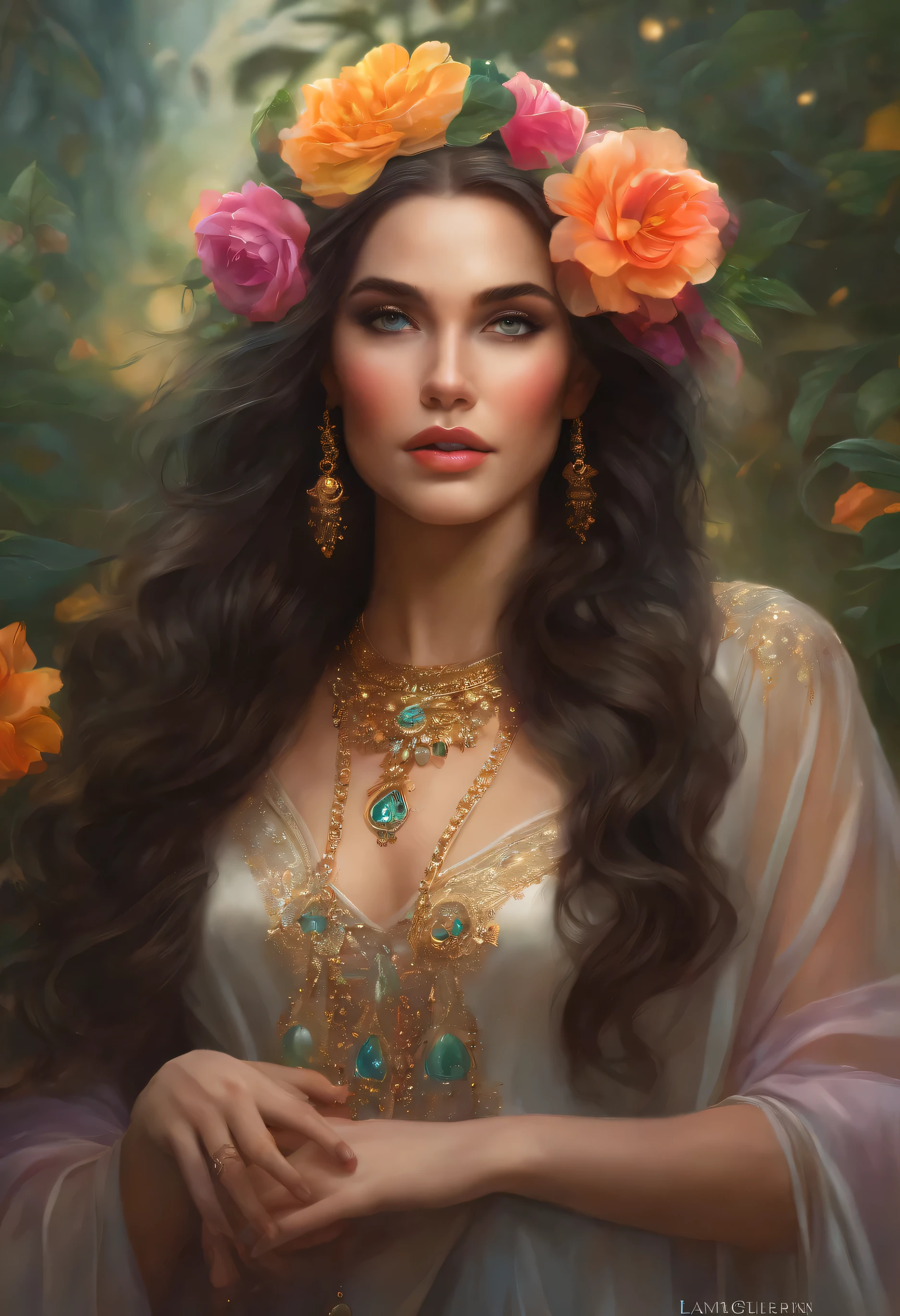 lisa frank art color, cuerpo completo, full body, senos grandes, nalgas grandes, mujer, multicolored long hair, multicolored aurora, art face by tom bagshaw, emile vernon style, fullbody dynamic movement pose, beautiful woman with long hair, gold jewellery, oil painting, fantasy, intricate, intricate stunning highly detailed girl by artgerm and edouard bisson, beautiful elegant, fantasy, flowers, forest, highly detailed, digital airbrush, photorealistic, octane render, black hair, black lips, gothic, rapunzel cabellos largos, cabellos largos dorados, cabellos largos color oro, pelo largo, digital painting, soft skin wide eyes watercolor, style, sketch, watercolor paiting, watercolor artist, portrait of a girl, vintage cartoon, ghibli, artgerm, wlop, alphonse mucha dynamic lighting hyperdetailed intricately detailed splash art trending on artstation triadic colors unreal engine 5 volumetric lighting, Transparent clothing, slight smile,, open legs, view of pubic hair, 1 sexy girl in transparent forest clothes,exposed breasts, open transparent t-shirt,mandala and flower tattoos, La mejor calidad,