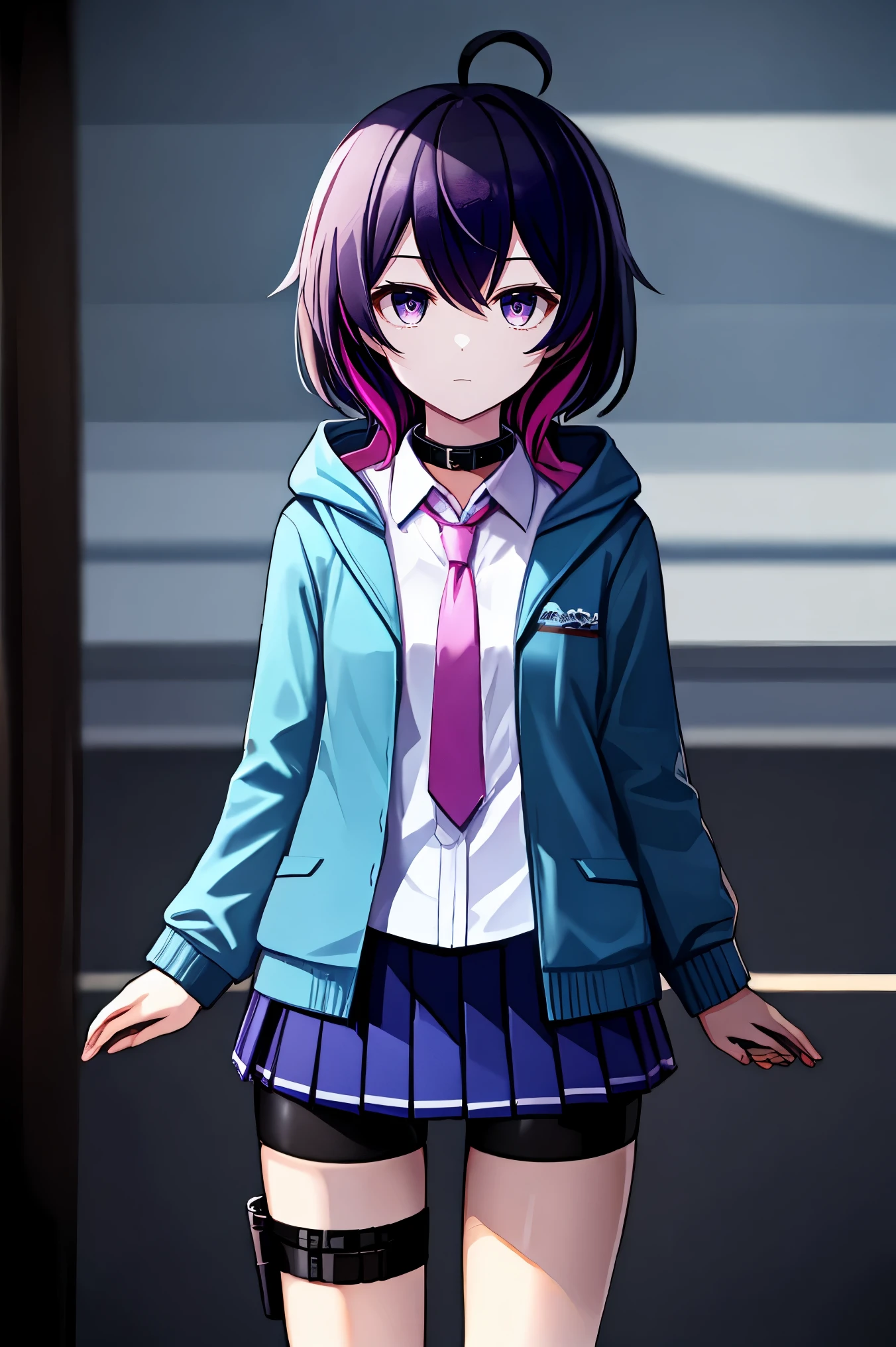 1girl, perfect face, seele vollerei, hdr, ahoge, medium_hair, dark purple-hair, colored inner pink-hair, purple_eyes, medium_breast, white shirt, long shirt, collar_bone, pink tie, long tie, lime blue jacket, oversized jacket, hood_down, long sleeves, open_jacket, hort_skirt, skirt, blue_skirt, pleated_skirt, blue skirt pleated skirt stripes white, bike_shorts, bike shorts under skirt, thigh_holster,