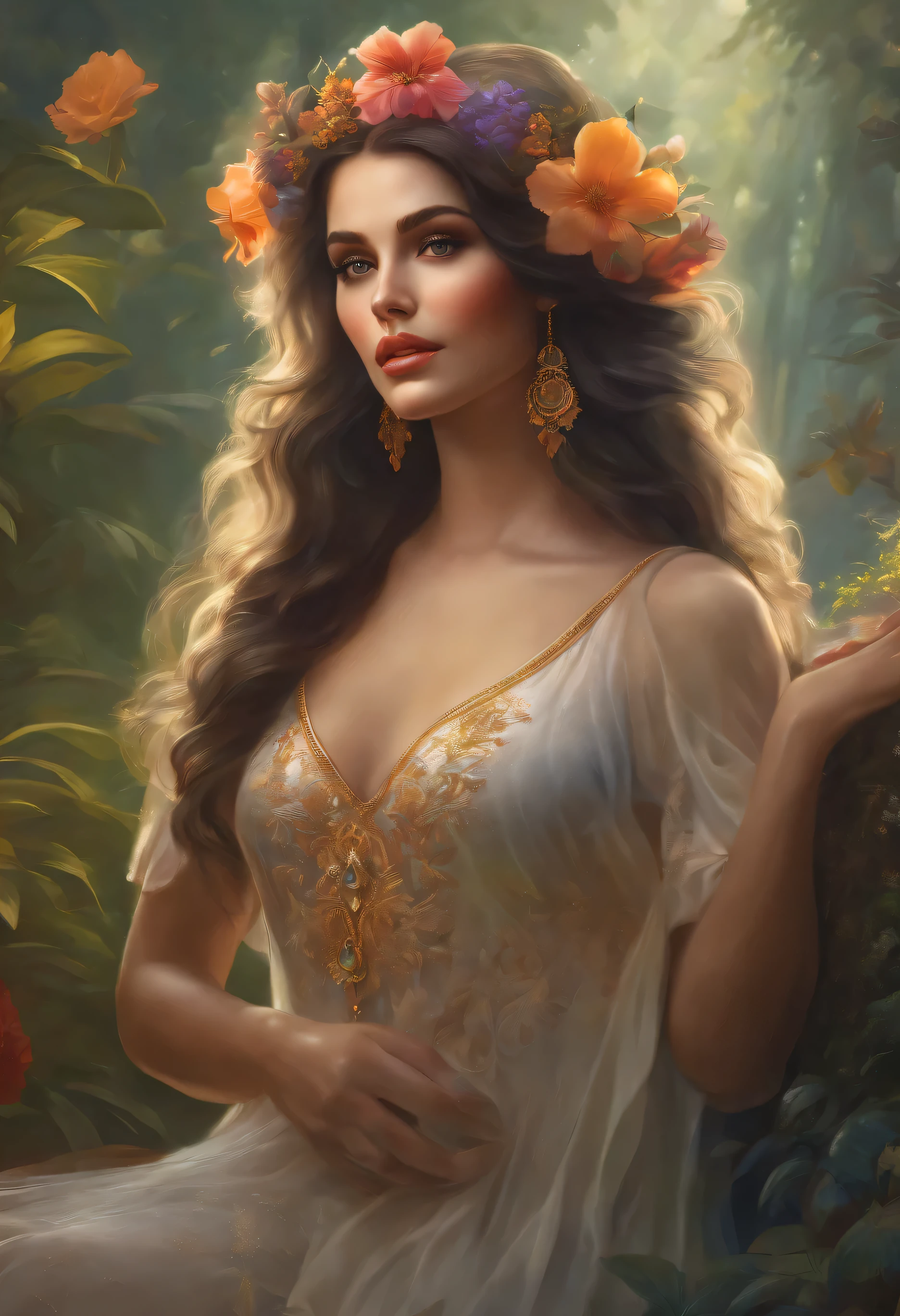 lisa frank art color, cuerpo completo, full body, senos grandes, nalgas grandes, mujer, multicolored long hair, multicolored aurora, art face by tom bagshaw, emile vernon style, fullbody dynamic movement pose, beautiful woman with long hair, gold jewellery, oil painting, fantasy, intricate, intricate stunning highly detailed girl by artgerm and edouard bisson, beautiful elegant, fantasy, flowers, forest, highly detailed, digital airbrush, photorealistic, octane render, black hair, black lips, gothic, rapunzel cabellos largos, cabellos largos dorados, cabellos largos color oro, pelo largo, digital painting, soft skin wide eyes watercolor, style, sketch, watercolor paiting, watercolor artist, portrait of a girl, vintage cartoon, ghibli, artgerm, wlop, alphonse mucha dynamic lighting hyperdetailed intricately detailed splash art trending on artstation triadic colors unreal engine 5 volumetric lighting, Transparent clothing, slight smile,, open legs, view of pubic hair, 1 sexy girl in transparent forest clothes,exposed breasts, open transparent t-shirt,mandala and flower tattoos, La mejor calidad,