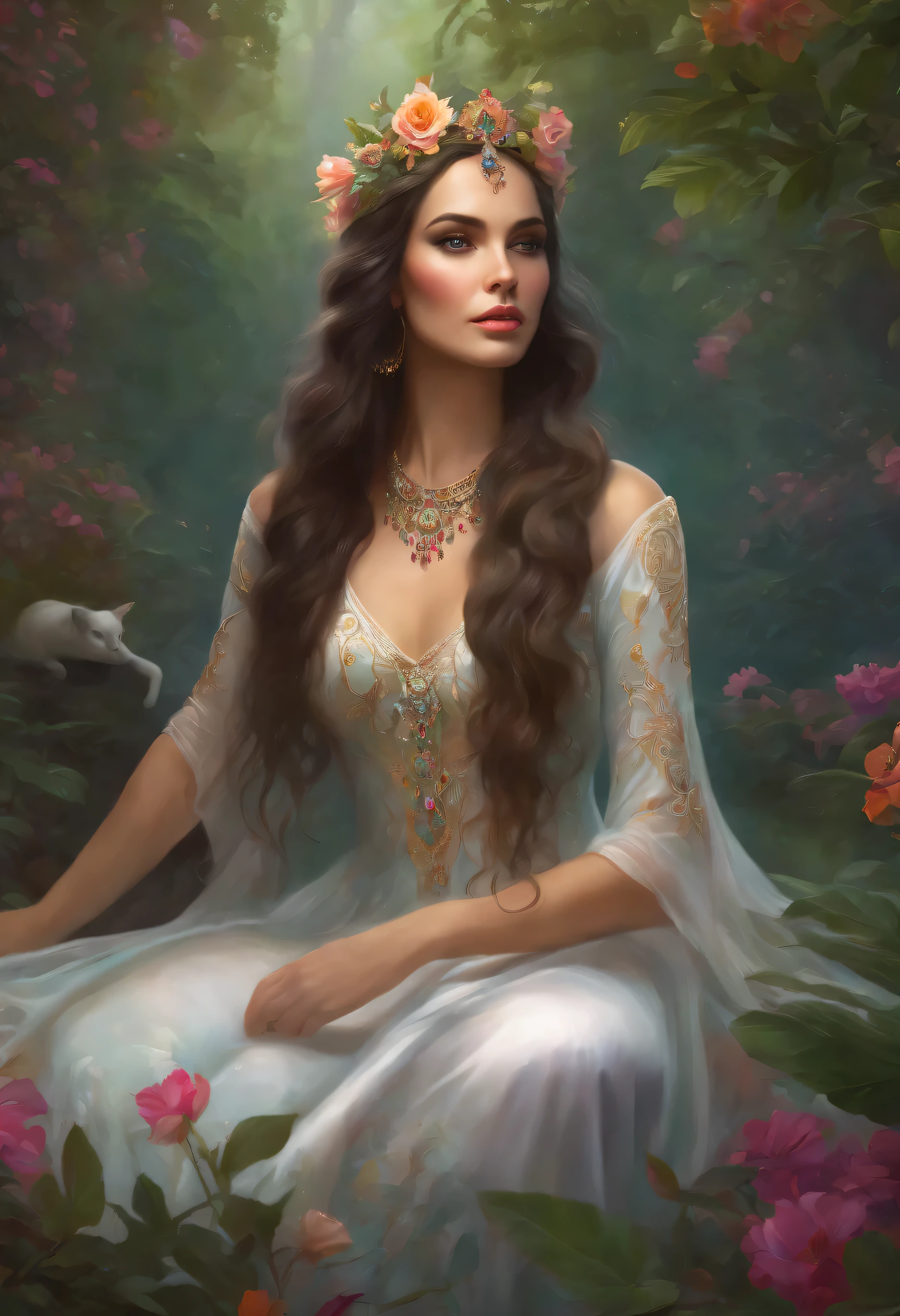 lisa frank art color, cuerpo completo, full body, senos grandes, nalgas grandes, mujer, multicolored long hair, multicolored aurora, art face by tom bagshaw, emile vernon style, fullbody dynamic movement pose, beautiful woman with long hair, gold jewellery, oil painting, fantasy, intricate, intricate stunning highly detailed girl by artgerm and edouard bisson, beautiful elegant, fantasy, flowers, forest, highly detailed, digital airbrush, photorealistic, octane render, black hair, black lips, gothic, rapunzel cabellos largos, cabellos largos dorados, cabellos largos color oro, pelo largo, digital painting, soft skin wide eyes watercolor, style, sketch, watercolor paiting, watercolor artist, portrait of a girl, vintage cartoon, ghibli, artgerm, wlop, alphonse mucha dynamic lighting hyperdetailed intricately detailed splash art trending on artstation triadic colors unreal engine 5 volumetric lighting, Transparent clothing, slight smile,, open legs, view of pubic hair, 1 sexy girl in transparent forest clothes,exposed breasts, open transparent t-shirt,mandala and flower tattoos, La mejor calidad,