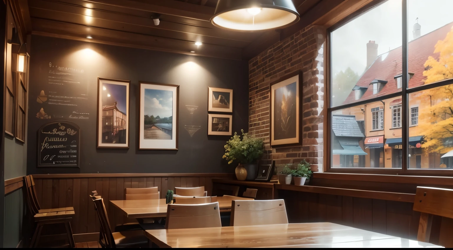 (highest quality,4k,8k,High resolution,table top:1.2),super detailed,(realistic,realistic,Photoreal:1.3),cozy cafe,autumn rain wallpaper,wooden table and chairs,soft lighting,rustic brick wall,laptop on the table,natural color palette,relaxing jazz music,vintage coffee machine,Window overlooking a quaint street,cozy seating corner,artistic painting on the wall,Inside the bright cafe、