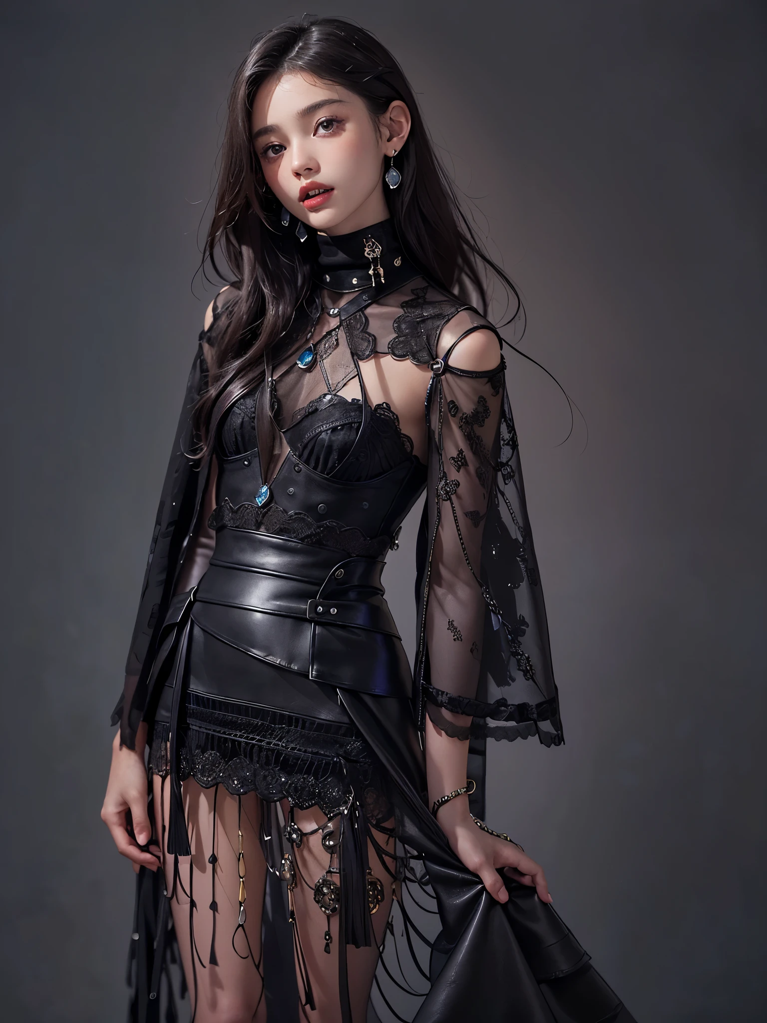 8k, RAW photo, top quality, masterpiece, realistic, photorealistic, clear, professional lighting, beautiful face, top quality, super high resolution.
BREAK (whole body:1.5), (18 year old very beautiful Japanese girl:1.3)
NSFW,
Slender, very flat chested, very small breasts
(The supermodel smiles confidently and strikes different poses in the photo shoot,:1.4)
(A very stylish cafe terrace that is magically lit up at night:1.3)
(Black theme:1.4)
BREAK (futuristic, stylish, complex-shaped, multi-layered upper and lower separate leather dress:1.3)
BREAK latex, glossy, liquid, rubber, BREAK (turtleneck:1.2), (Multi-layer bell sleeve crop top with scalloped trim, :1.4), ((off-shoulder, bare belly):1.3), (crochet lace embellishment.:1.2) (black A-line leather long maxi skirt:1.4),
(Crochet lace and leather patchwork:1.5),
(Separate leather dress with intricate triangular silhouette and crochet lace decoration:1.5),
(lace patchwork, :1.4)