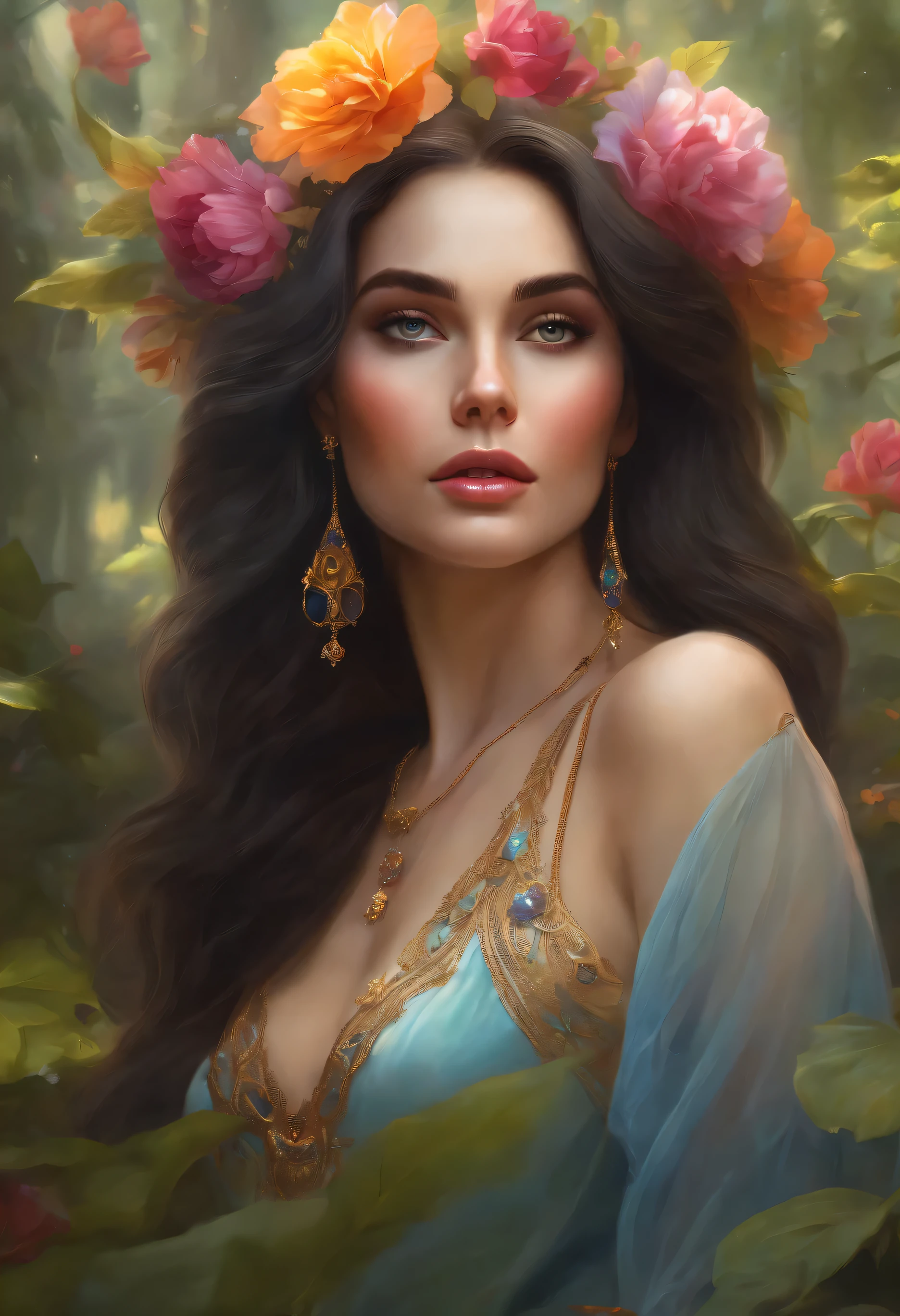 lisa frank art color, cuerpo completo, full body, senos grandes, nalgas grandes, mujer, multicolored long hair, multicolored aurora, art face by tom bagshaw, emile vernon style, fullbody dynamic movement pose, beautiful woman with long hair, gold jewellery, oil painting, fantasy, intricate, intricate stunning highly detailed girl by artgerm and edouard bisson, beautiful elegant, fantasy, flowers, forest, highly detailed, digital airbrush, photorealistic, octane render, black hair, black lips, gothic, rapunzel cabellos largos, cabellos largos dorados, cabellos largos color oro, pelo largo, digital painting, soft skin wide eyes watercolor, style, sketch, watercolor paiting, watercolor artist, portrait of a girl, vintage cartoon, ghibli, artgerm, wlop, alphonse mucha dynamic lighting hyperdetailed intricately detailed splash art trending on artstation triadic colors unreal engine 5 volumetric lighting, Transparent clothing, slight smile,, open legs, view of pubic hair, 1 sexy girl in transparent forest clothes,exposed breasts, open transparent t-shirt,mandala and flower tattoos, La mejor calidad,