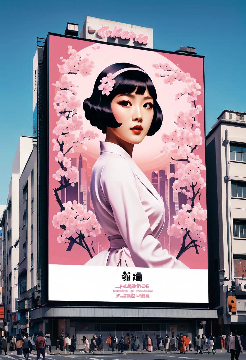 (best quality,4k,8k,highres,masterpiece:1.2),ultra-detailed,on the billboard in the city's cinema, a large poster of the movie with the name "SAKURA MAIDEN", in the background a crowd of people on the streets of a city, (art deco), 70's,