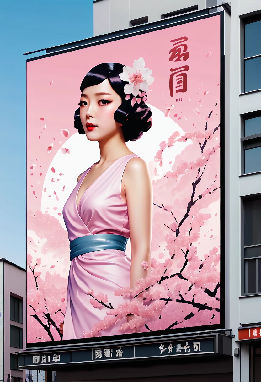 (best quality,4k,8k,highres,masterpiece:1.2),ultra-detailed,on the billboard in the city's cinema, a large poster of the movie with the name "SAKURA MAIDEN", in the background a crowd of people on the streets of a city, (art deco), 70's,