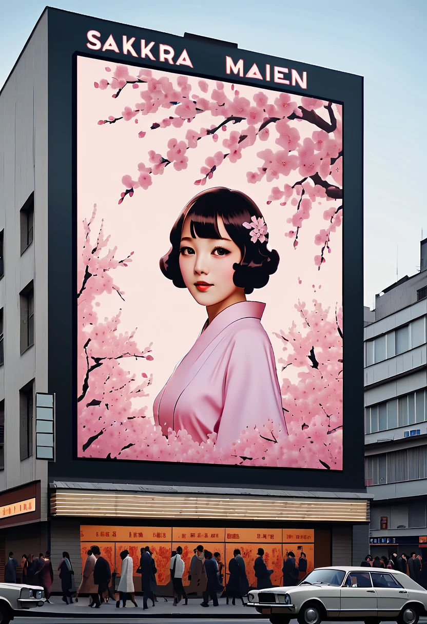(best quality,4k,8k,highres,masterpiece:1.2),ultra-detailed,on the billboard in the city's cinema, a large poster of the movie with the name "SAKURA MAIDEN", in the background a crowd of people on the streets of a city, (art deco), 70's,