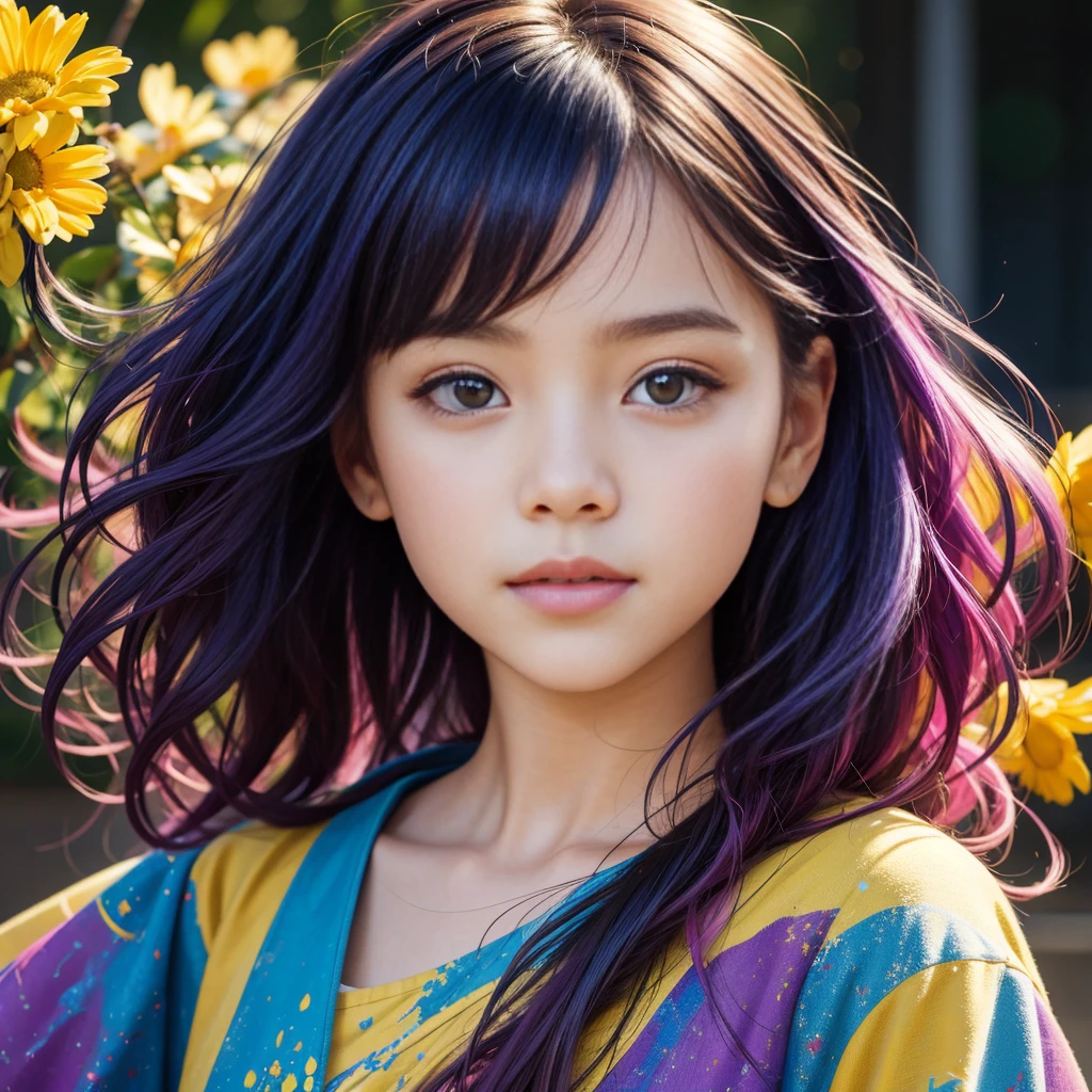 A stunningly colorful girl, 8 years old, with a playful mess of hair, portrayed in an oil painting. Her face is perfectly beautiful, with soft and flawless skin. The artwork showcases a harmonious blend of blue and yellow hues, with delicate additions of light purple and violet, as well as subtle touches of light red. The level of intricate detail is extraordinary, capturing every brushstroke and texture. The painting is presented in a splash screen format, allowing the vibrant colors to pop. With an impressive 8k resolution, this artwork is truly a masterpiece. The girl's face is undeniably cute, radiating youthful innocence. The artist's expertise is evident in this digital painting, featured on ArtStation, with a smooth finish that