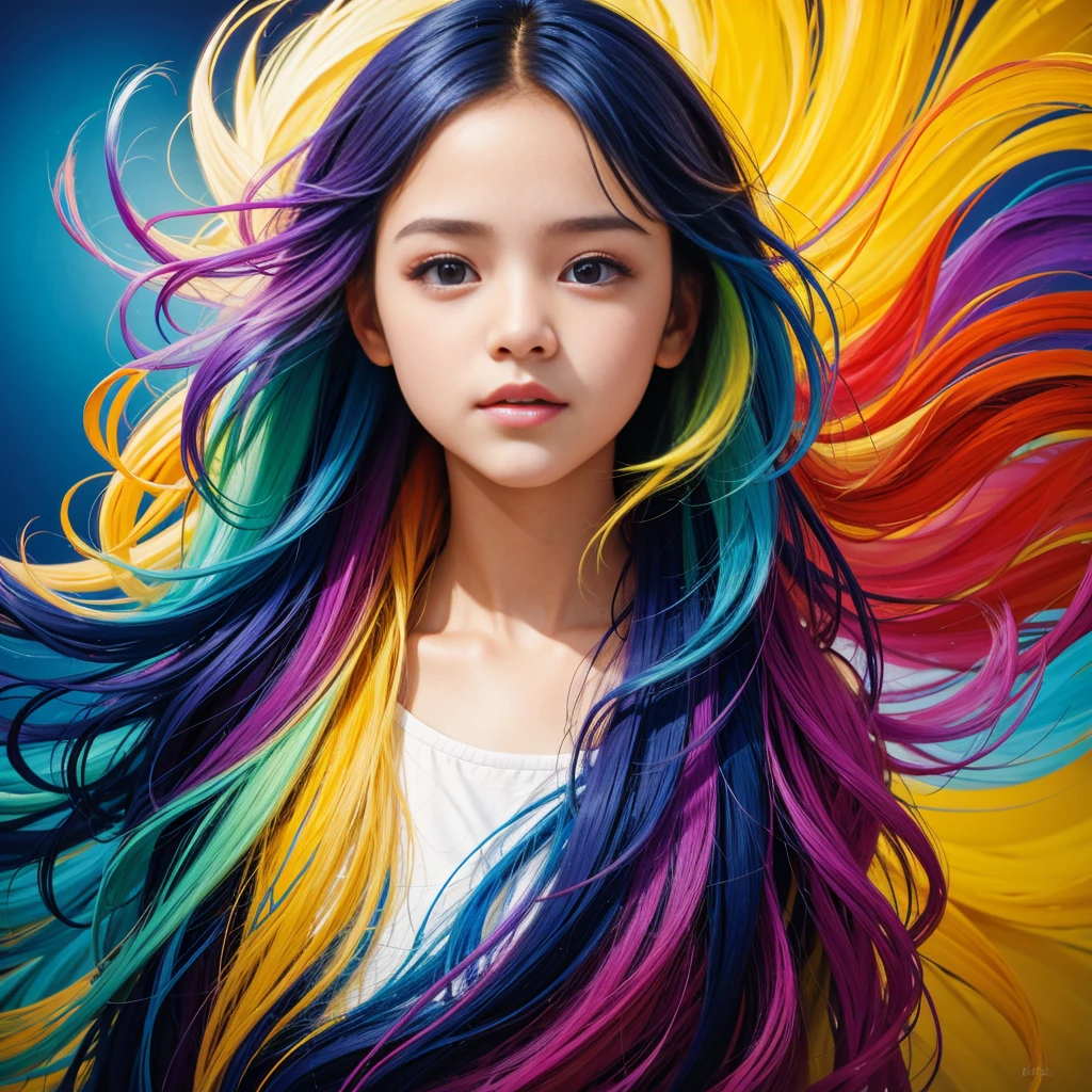 A stunningly colorful girl, 8 , with a playful mess of hair, portrayed in an oil painting. Her face is perfectly beautiful, with soft and flawless skin. The artwork showcases a harmonious blend of blue and yellow hues, with delicate additions of light purple and violet, as well as subtle touches of light red. The level of intricate detail is extraordinary, capturing every brushstroke and texture. The painting is presented in a splash screen format, allowing the vibrant colors to pop. With an impressive 8k resolution, this artwork is truly a masterpiece. The girl's face is undeniably cute, radiating youthful innocence. The artist's expertise is evident in this digital painting, featured on ArtStation, with a smooth finish that