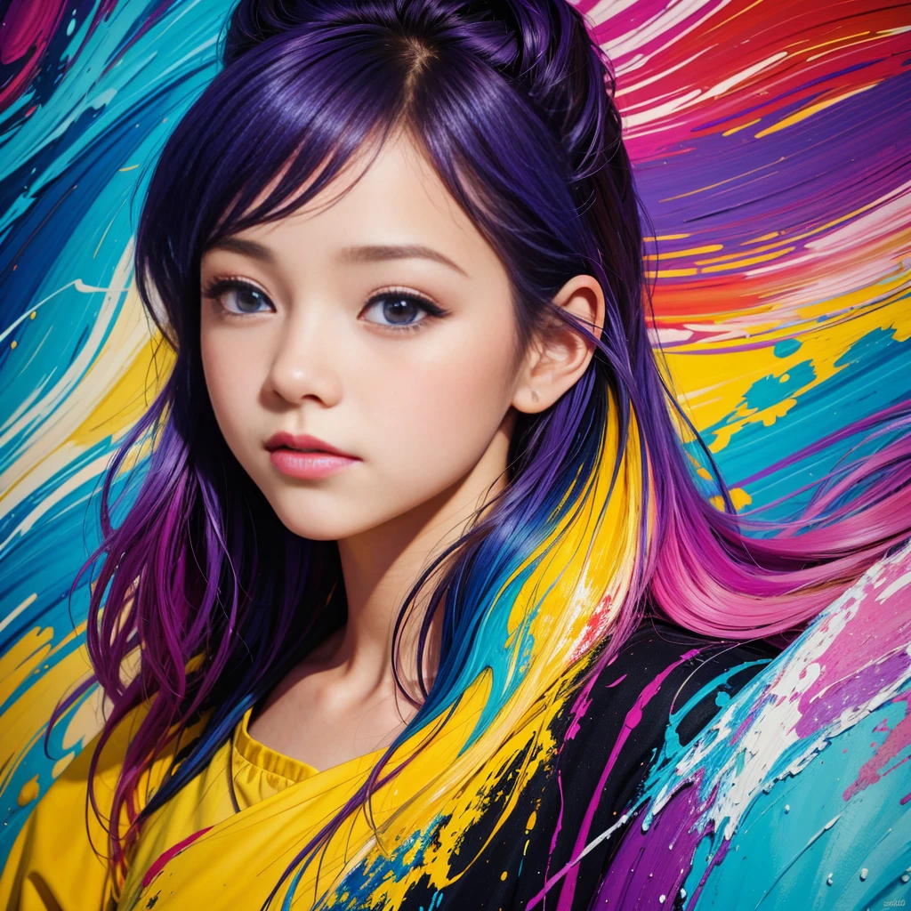 A stunningly colorful girl, 8 years old, with a playful mess of hair, portrayed in an oil painting. Her face is perfectly beautiful, with soft and flawless skin. The artwork showcases a harmonious blend of blue and yellow hues, with delicate additions of light purple and violet, as well as subtle touches of light red. The level of intricate detail is extraordinary, capturing every brushstroke and texture. The painting is presented in a splash screen format, allowing the vibrant colors to pop. With an impressive 8k resolution, this artwork is truly a masterpiece. The girl's face is undeniably cute, radiating youthful innocence. The artist's expertise is evident in this digital painting, featured on ArtStation, with a smooth finish that