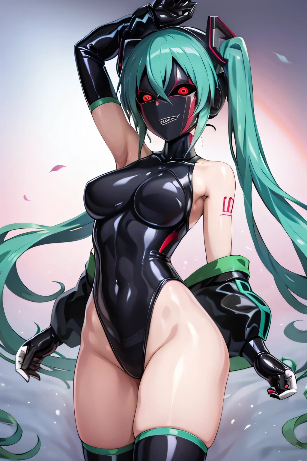 1 girl, hatsune miku, light blue hair, twin tails, body suit,  Meville,red eyes, colored skin, shining eyes, evil smile,naughty face,