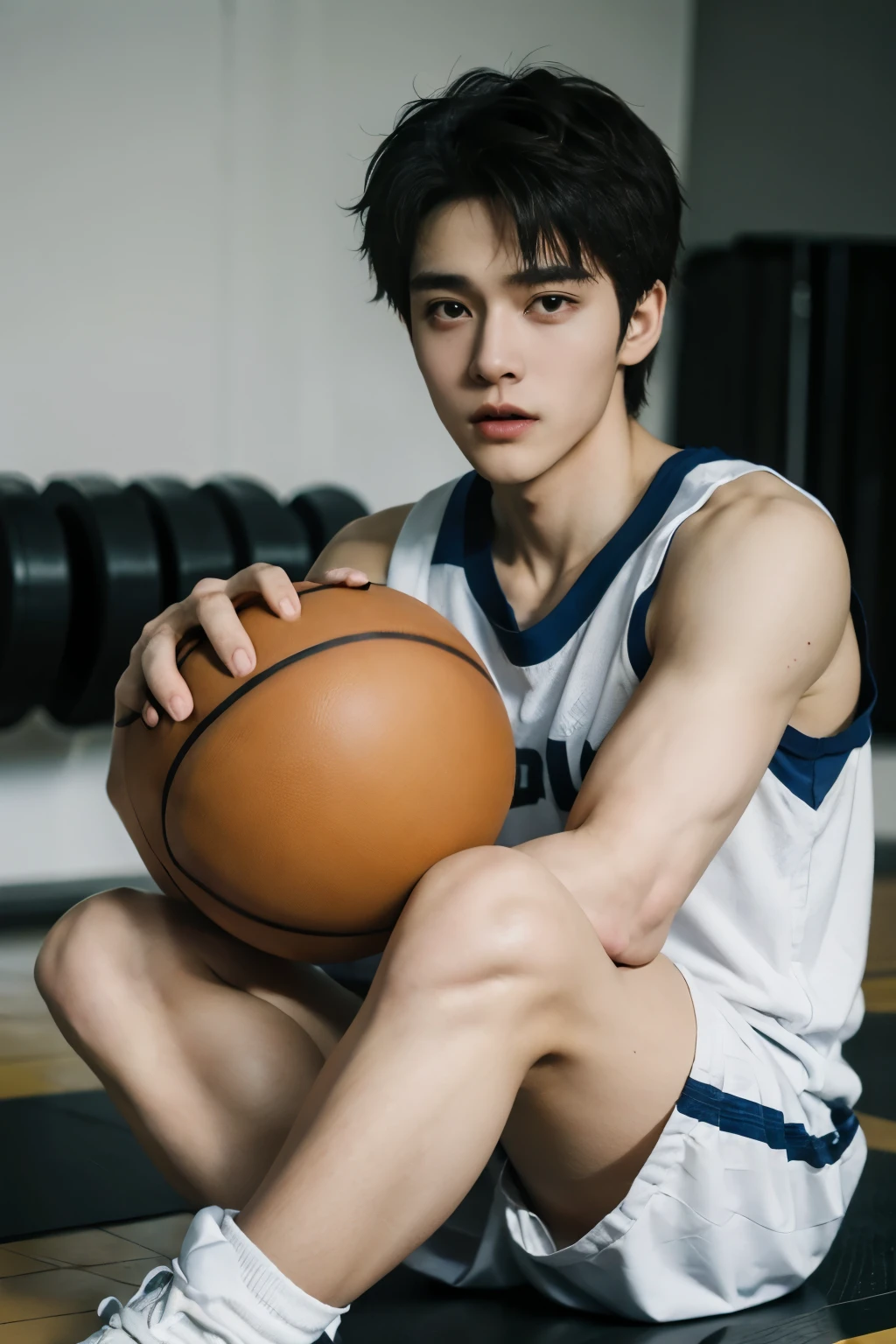 ((最high quality、masterpiece、photo-realistic:1.4、In 8K))、cool japan man1person 18 years old、well-groomed face、Eye and face details、beautiful lighting、rough skin、Super detailed、high detail、high quality、High resolution、(looking at the viewer)、detailed mouth、laughter、basketballの服装 Exercising your body long muscular legs basketball gym bright lighting brown hair male