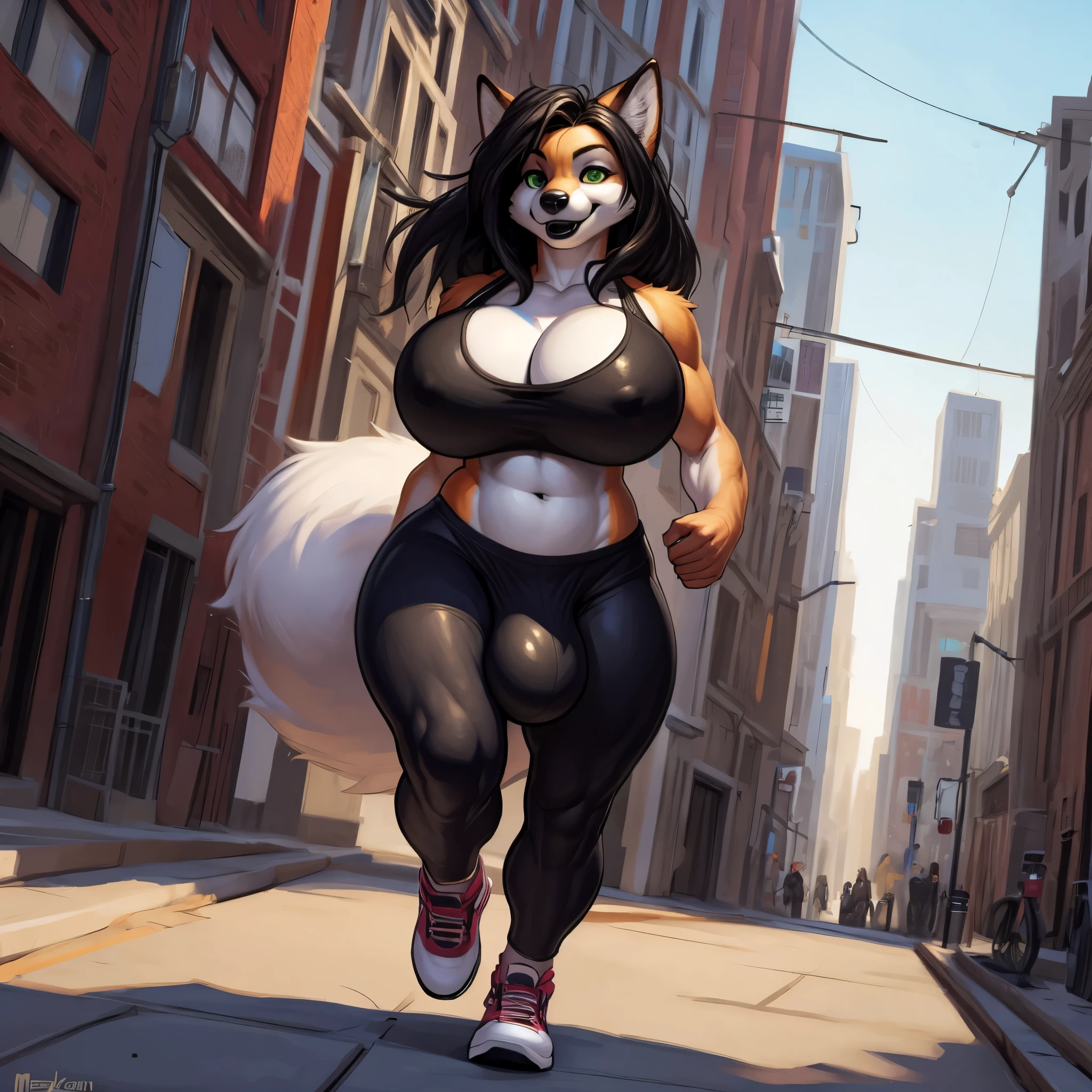 Masterpiece, highly detailed, HDR, 8k, solo, femboy, fox, cute, male, tall, slender, athletic, fit, long black hair, green eyes, huge breasts, (fake breasts:1.3), dark navy spandex sports bra, cleavage, black lycra leggings, (large bulge:1.3), highly detailed crotch, thick legs, pink sneakers, big bottom lip, black lip gloss, smiling, friendly, full body, fluffy tail, by darkgem, by meesh, big city background, daylight, blurred figures in background, jogging,