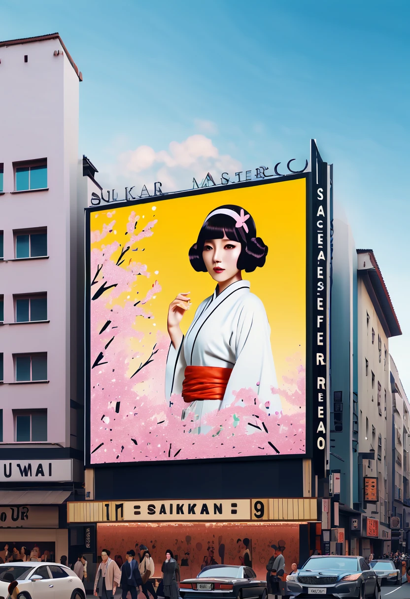 (best quality,4k,8k,highres,masterpiece:1.2),ultra-detailed,on the billboard in the city's cinema, a large poster of the movie with the name "SAKURA MAIDEN", in the background a crowd of people on the streets of a city, (art deco), 70's,