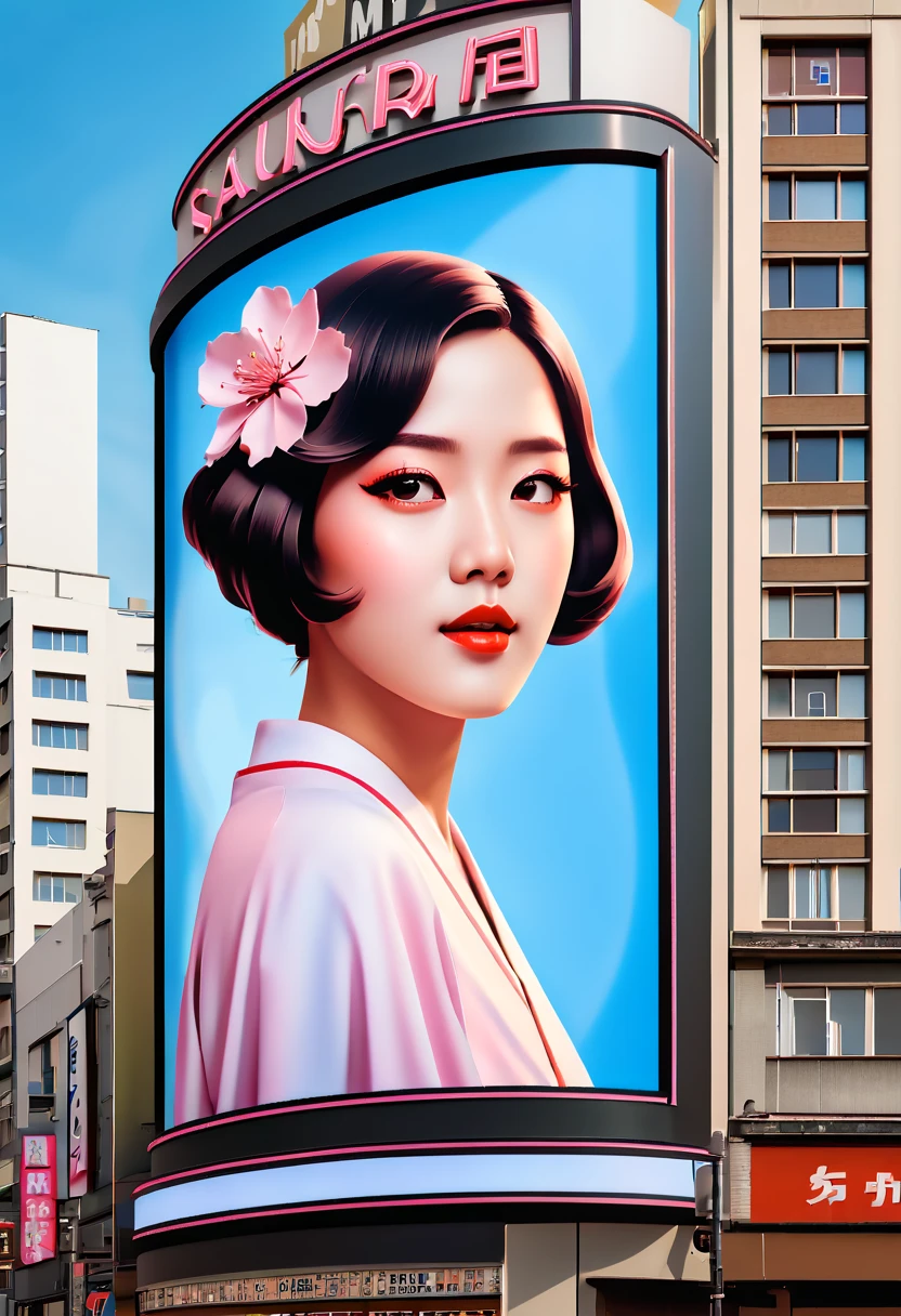 (best quality,4k,8k,highres,masterpiece:1.2),ultra-detailed,on the billboard in the city's cinema, a large poster of the movie with the name "SAKURA MAIDEN", in the background a crowd of people on the streets of a city, (art deco), 70's,