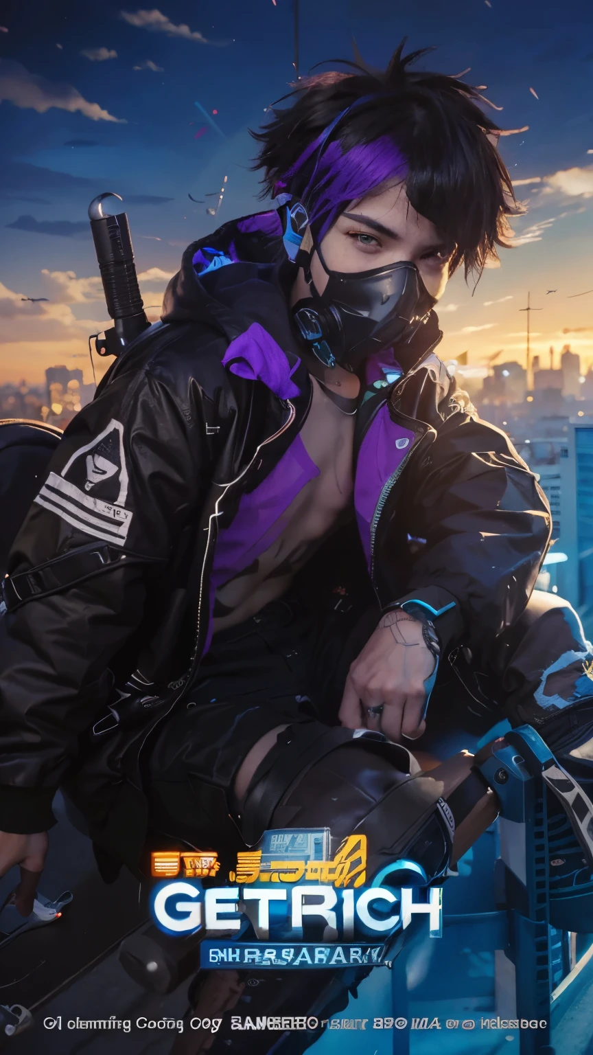 a close up of a boy on a skateboard on a city street with masker respiratory gas , digital cyberpunk art, anime cyberpunk art, cyberpunk in hoodie, cyberpunk hero, boy cyberpunk, cyber future jacket, digital cyberpunk , style 4 k, like a picture