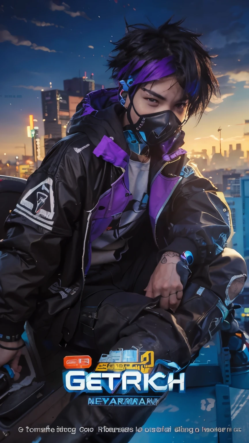 a close up of a boy on a skateboard on a city street with masker respiratory gas  , digital cyberpunk art, anime cyberpunk art, cyberpunk  in hoodie, cyberpunk hero, boy cyberpunk, cyber future jacket, digital cyberpunk ,  style 4 k, like a picture