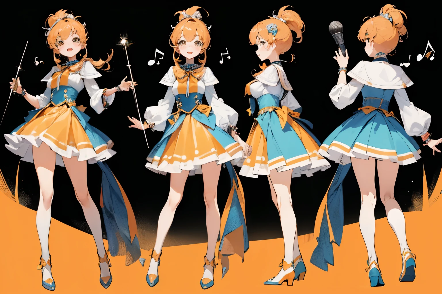 ((masterpiece, top quality)), detailed face, character sheets, full body, full of details, Multiple poses and expressions, highly detailed, Depth, many parts, 1 beautiful girl, looking at viewer, curvy body ,sensual body, (magical)decora, atmosphere, (brightly lit) stage, (disco ball) shining, (1girl) standing, (holding microphone), (cute) expression, (orange citrus) theme outfit, (music notes) flying, (concert) crowd cheering.(80s pop, citypop), perfect detailed, perfect face, beautiful women, wearing the same thing, perfect clothes, perfect skin
