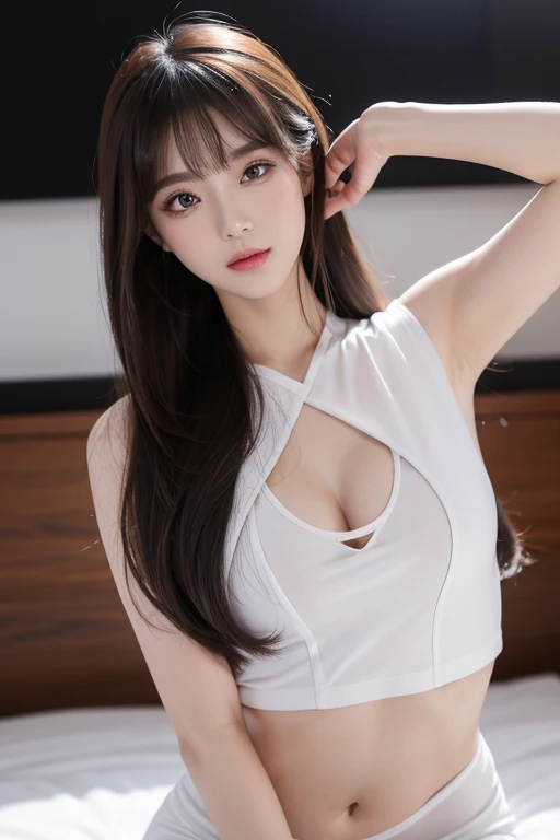 masterpiece, 最好of质量, Eyeliner, eye shadow, looking at the audience, 弯曲of, (full-body shot) of (doll body sd15:0.8) wear ( wear:1.2), 1 girl, 独自of, long hair, soft breasts, giggle, 无袖of, Bangs, blush, Clothing tailoring, long hair, skin shiny, 广场of户外座位, 多云of天空, Upper body, Super detailed, illustration, 
