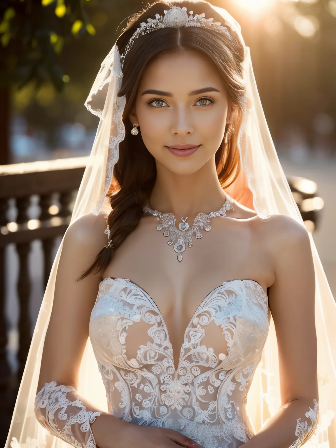 (realistic:1.5), 8k, Super detailed beautiful girl, 1 girl, (a sunny day:1.5), intricate body details (highest quality: 1.0), (Super high sharpness: 1.0),（Beautiful and delicate depiction of eyes）,((((wedding dress wide open)))),unreal engine:1.4,photorealistic:1.4, skin texture:1.4, masterpiece:1.8, smile、((((topless))))