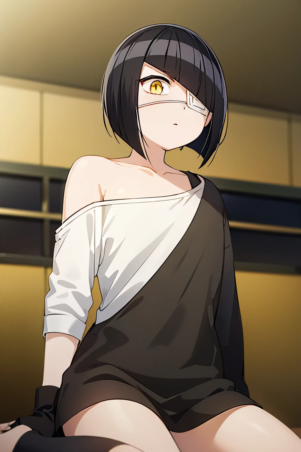 girl, nakanaka_omoharu, black hair, short hair, flat chest, golden eyes, white eye patch, casual outfit, black and white shirt, oversized shirt, off shoulder, fingerless gloves, black socks